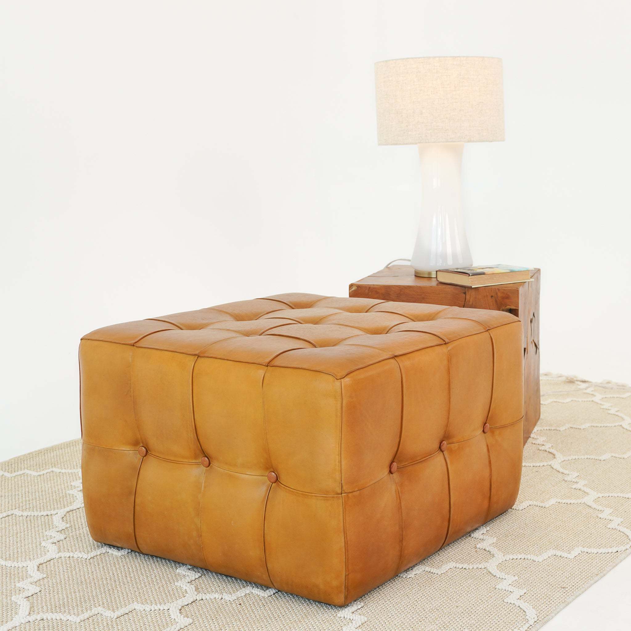 Benjiro Square Tan Leather Ottoman