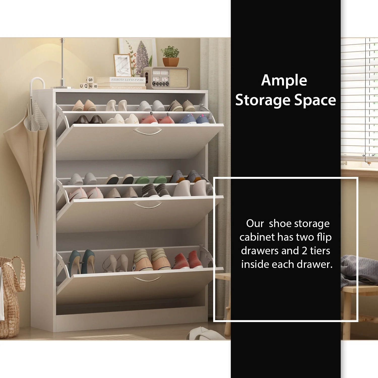 Shoe Cabinet Shoe Rack Storage Organizer with 3 Flip Drawers Entryway