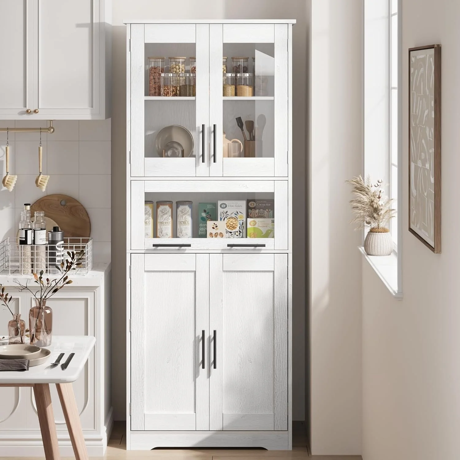 Tall Bathroom Cabinet, Linen Storage Cabinet with Doors and Adjustable Shelves and Drawer