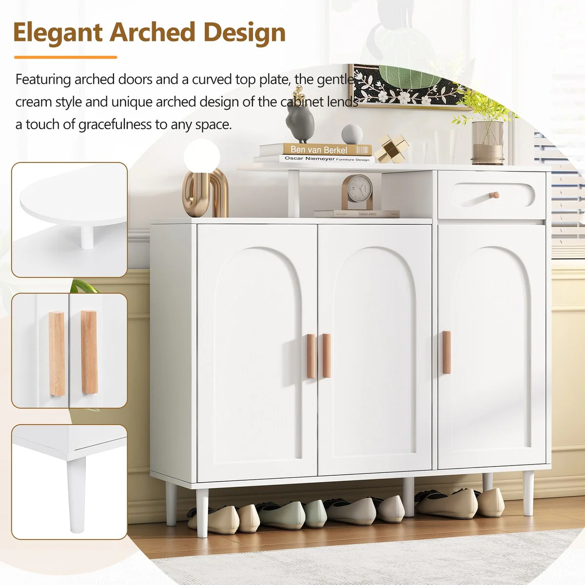 Shoe Cabinet with Arched Doors and Drawer, Cream Style Storage Sideboard with Adjustable Shelves and Solid Wood Legs