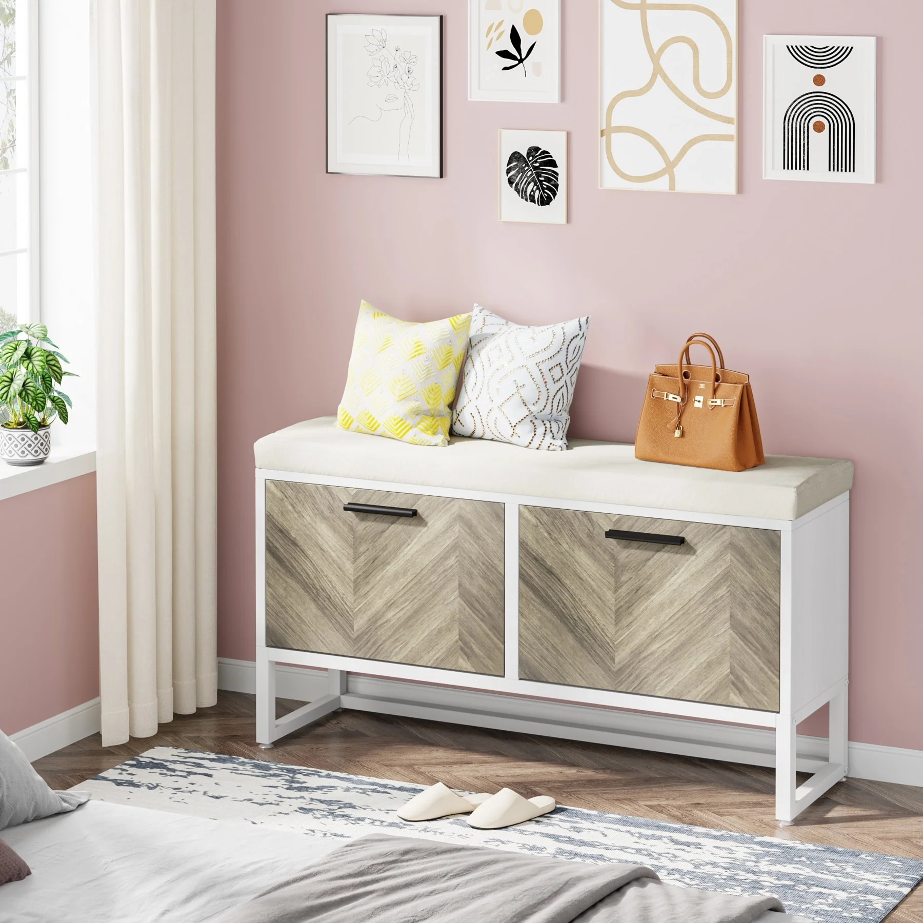 Shoe Storage Bench with Cushion, Entryway Shoe Bench with 2 Flip Drawers