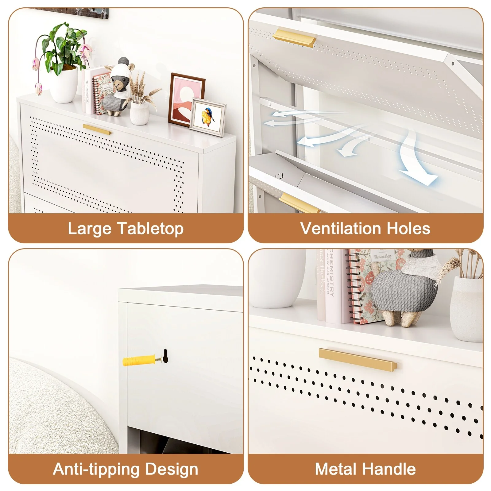 Metal Shoe Storage Cabinet with 3/4 Flip Drawers, Breathable & Space Saving