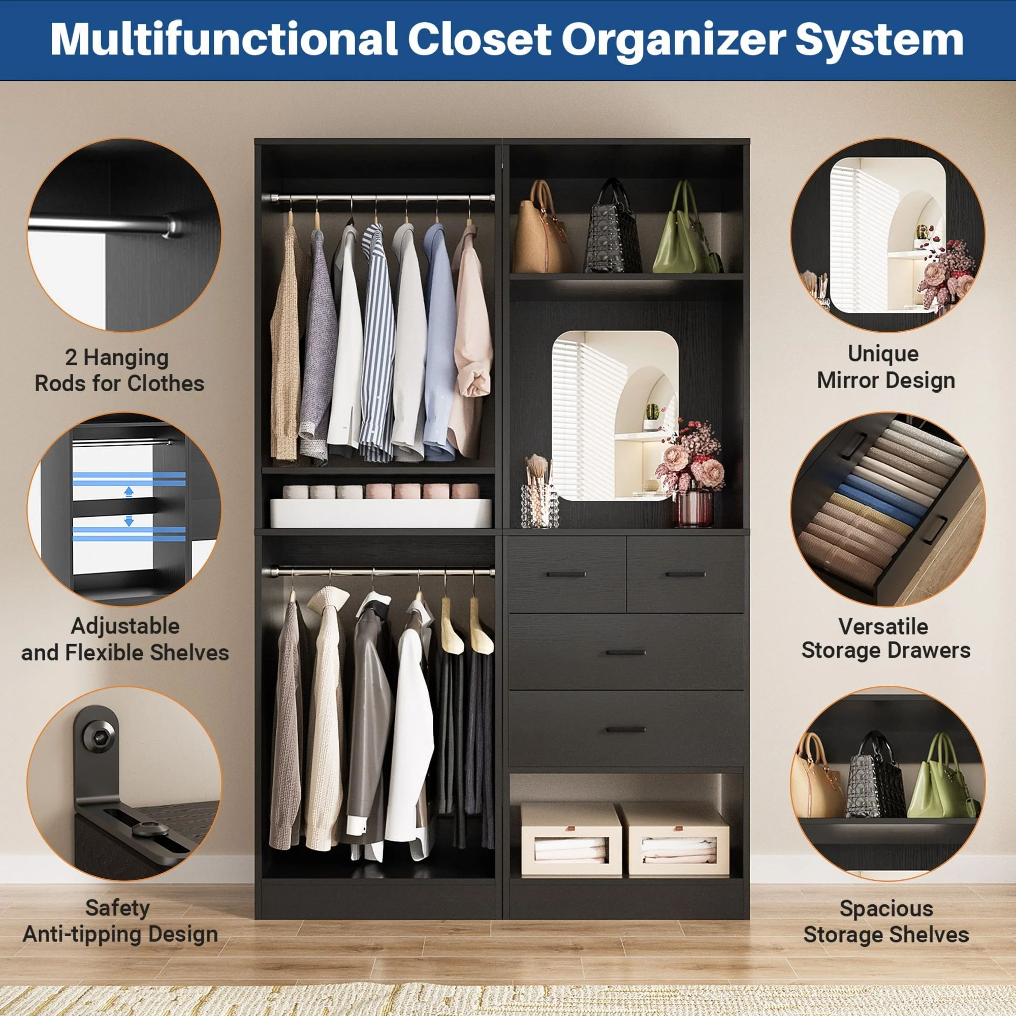 Cimly Set of 2 Free-standing Closet System with Drawers and Hanging Rods for Reach-in/ Walk-in Closet
