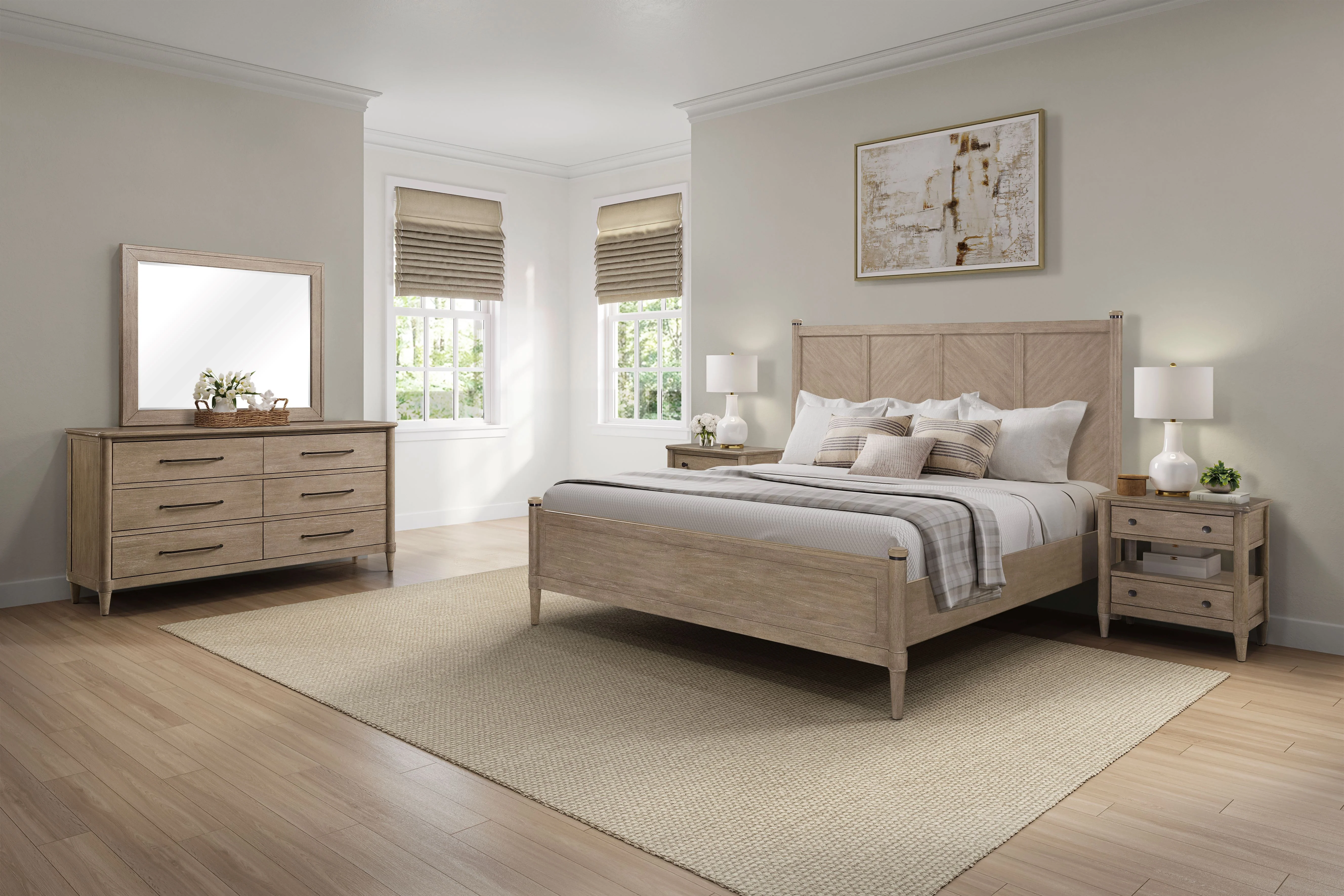 King Size Upholstered Bed with Herringbone Pattern Headboard