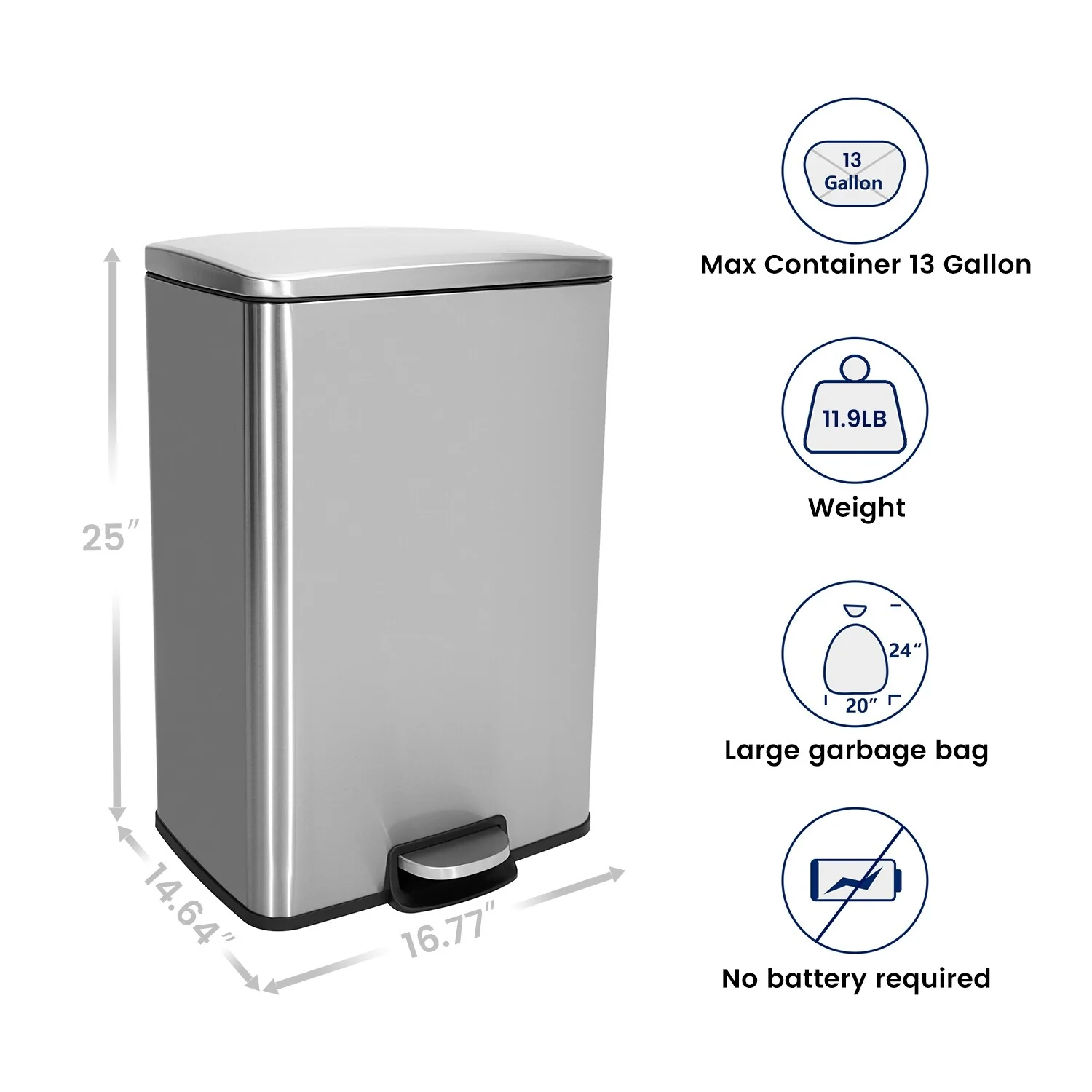 Innovaze 13 Gal./50 Liter Rectangular Stainless Steel Step-on Trash Can for Kitchen