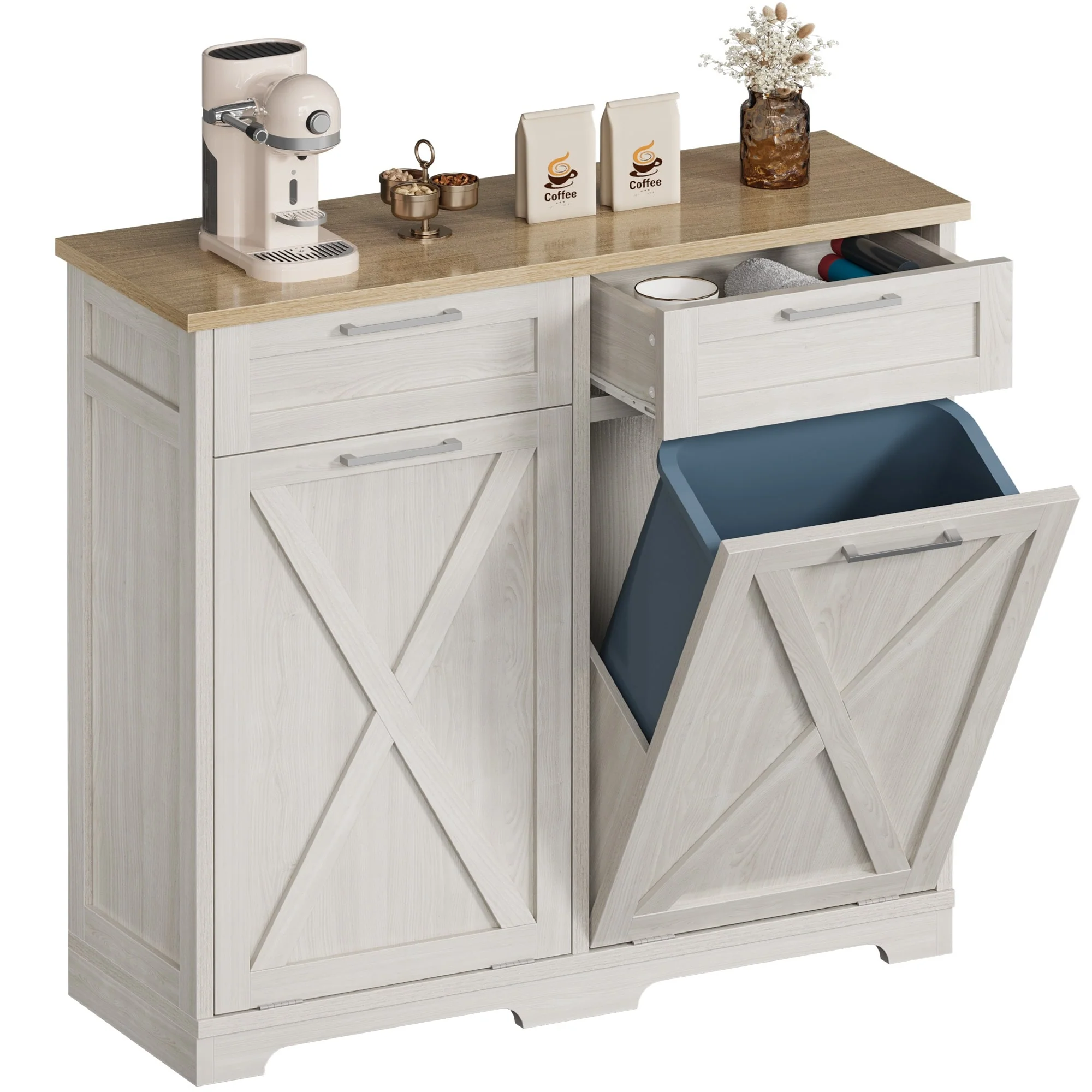 Moasis Kitchen Wooden Double Tilt Out Trash Can Cabinet with 2-Drawer