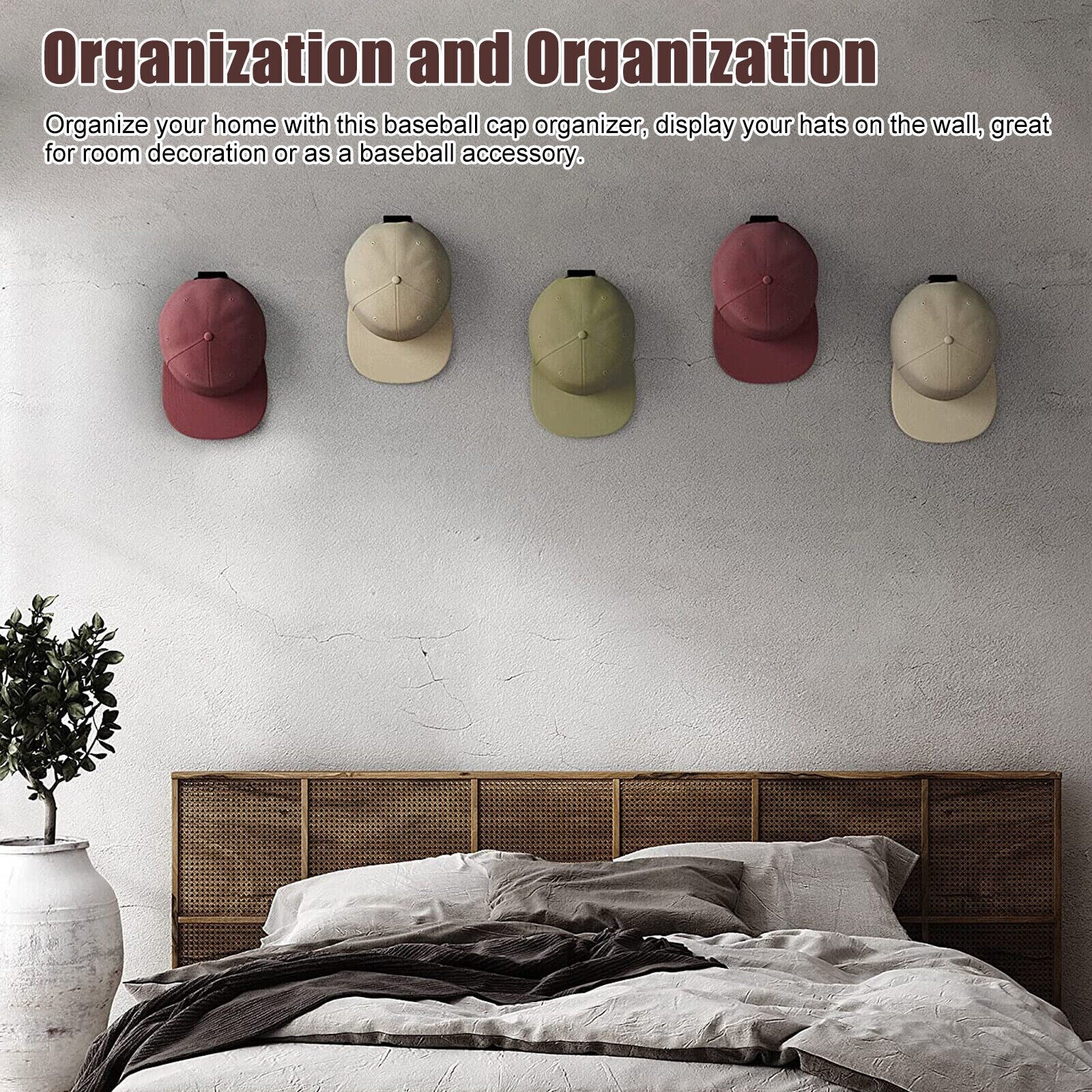 Baseball Cap Rack Wall Door Hanger with 12 Hooks and Adhesive