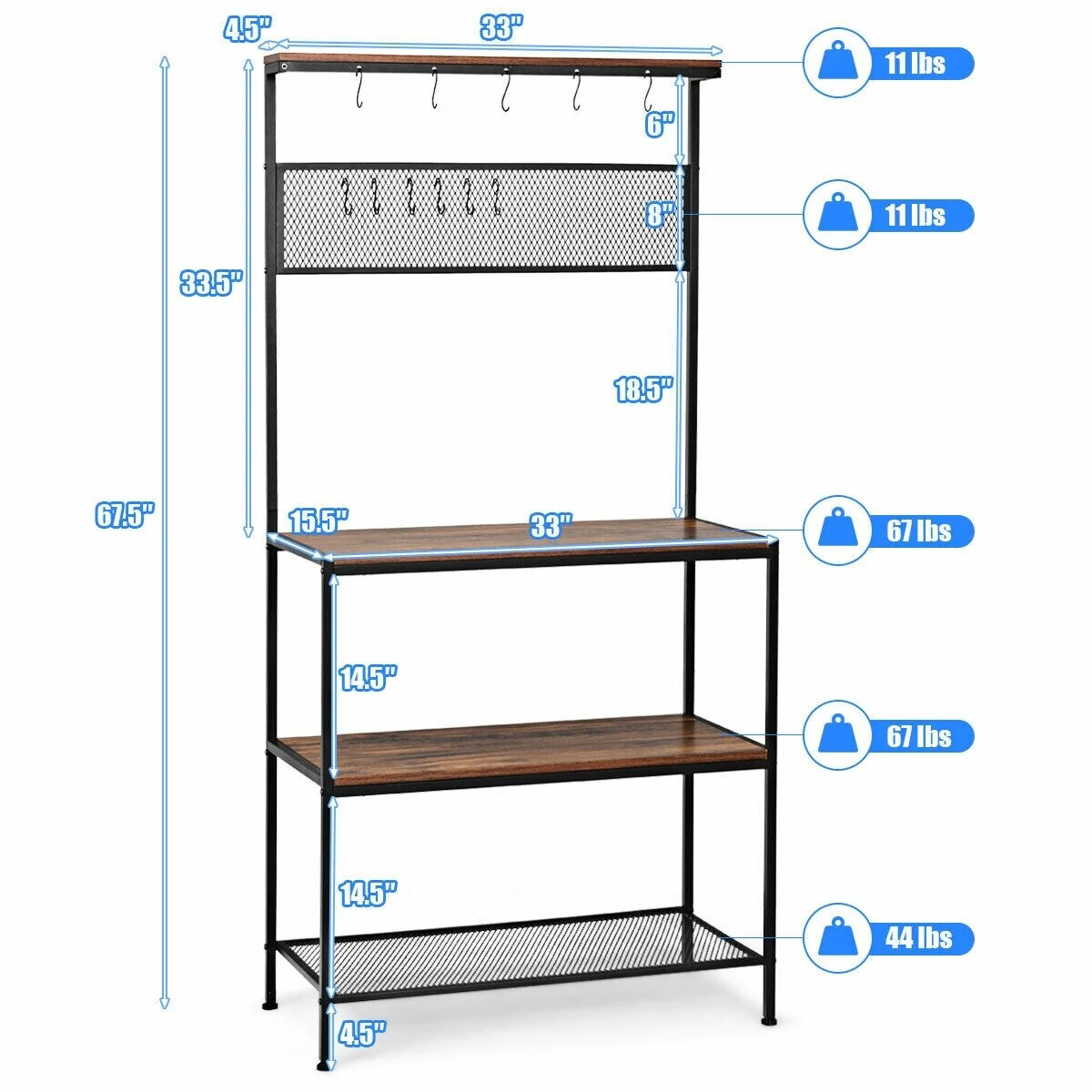 4-Tier Bakers Rack Kitchen Rack Stand with Hooks and Mesh Panel