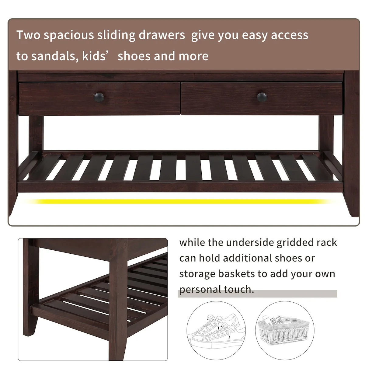 Shoe Rack with Cushioned Seat and Drawers, Multipurpose Entryway Storage Bench