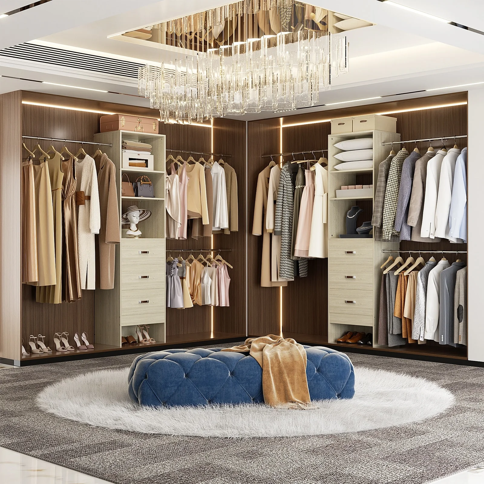 20.5-96'' W Closet Organizer System with Extendable Hanging Rods and Drawers and Tower Shelves