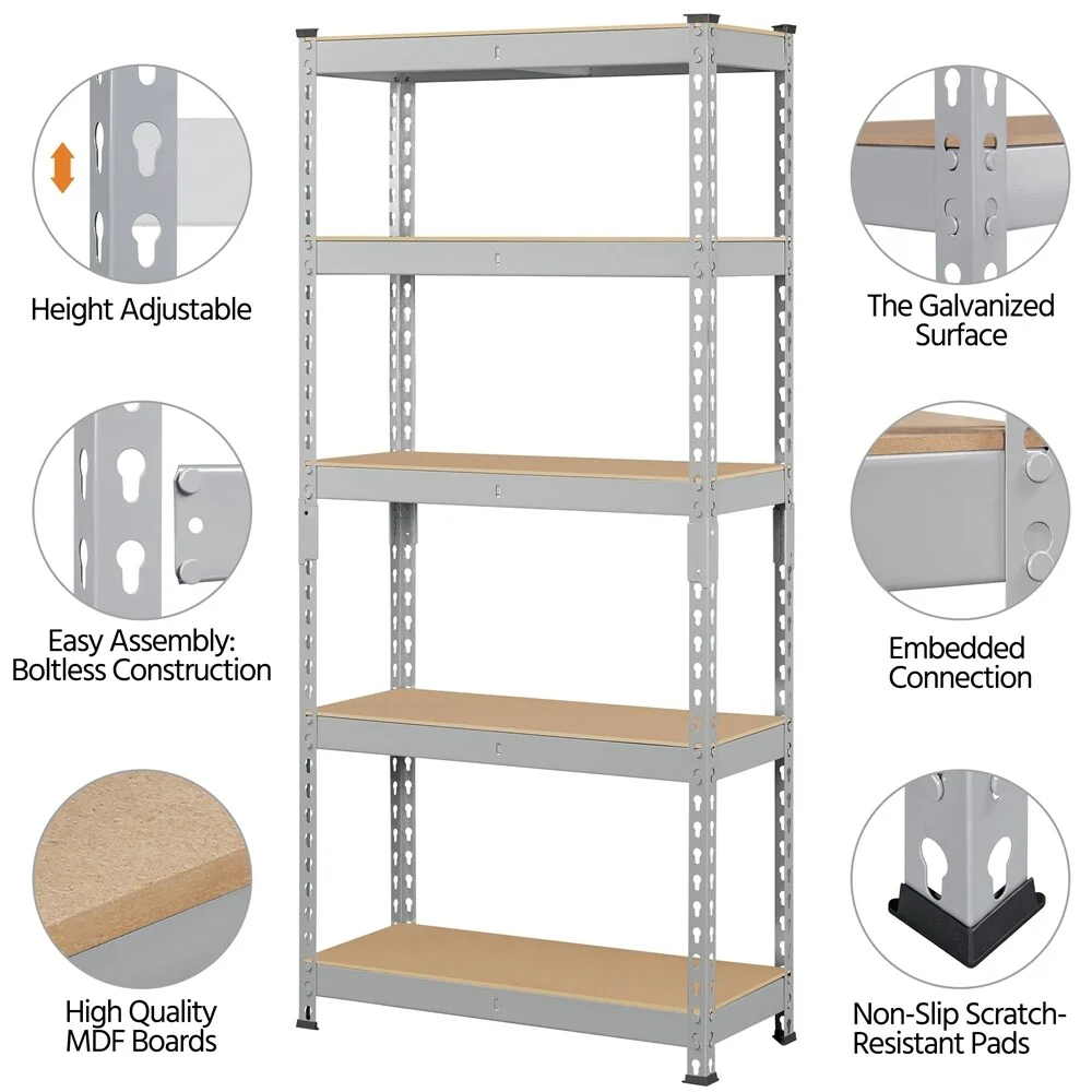 Yaheetech 5 Tiers Boltless Storage Shelf 330lb Capacity for Each Tier,Metal Frame MDF Wood Boards