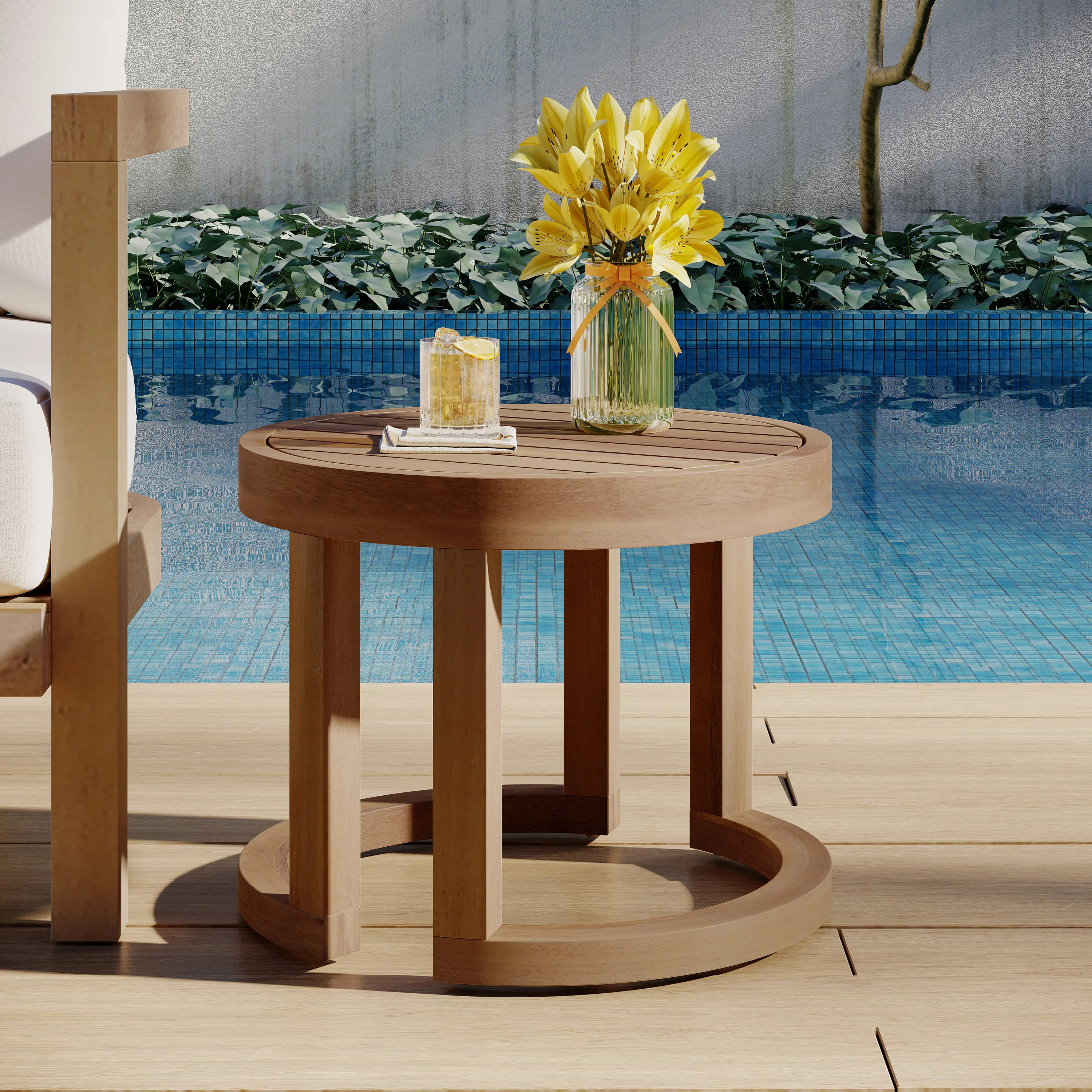 Outdoor End Table with Slat Panel Design and Semi-Circle Base
