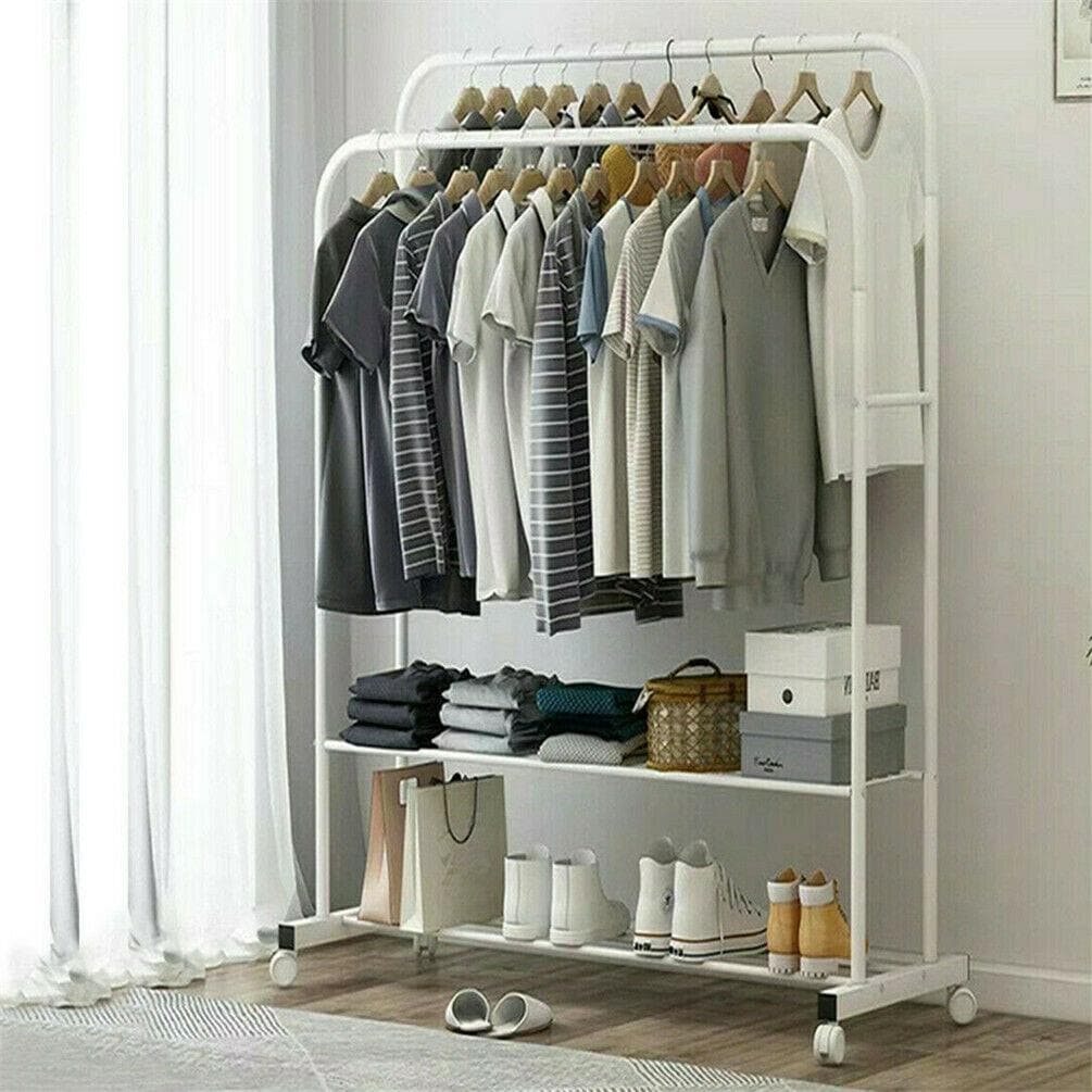 Metal Double Rail Clothes Stand on Wheels