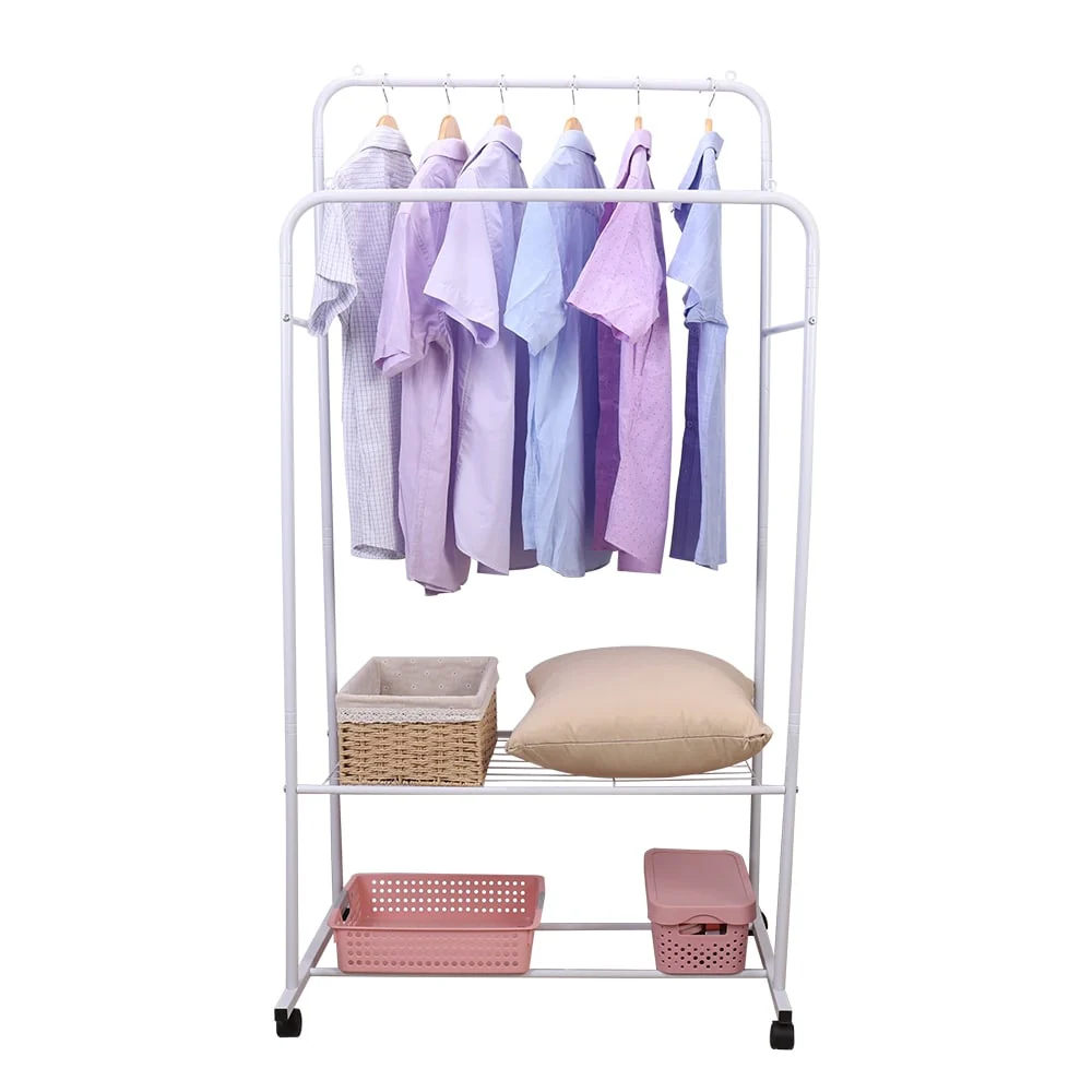 Metal Double Rail Clothes Stand on Wheels