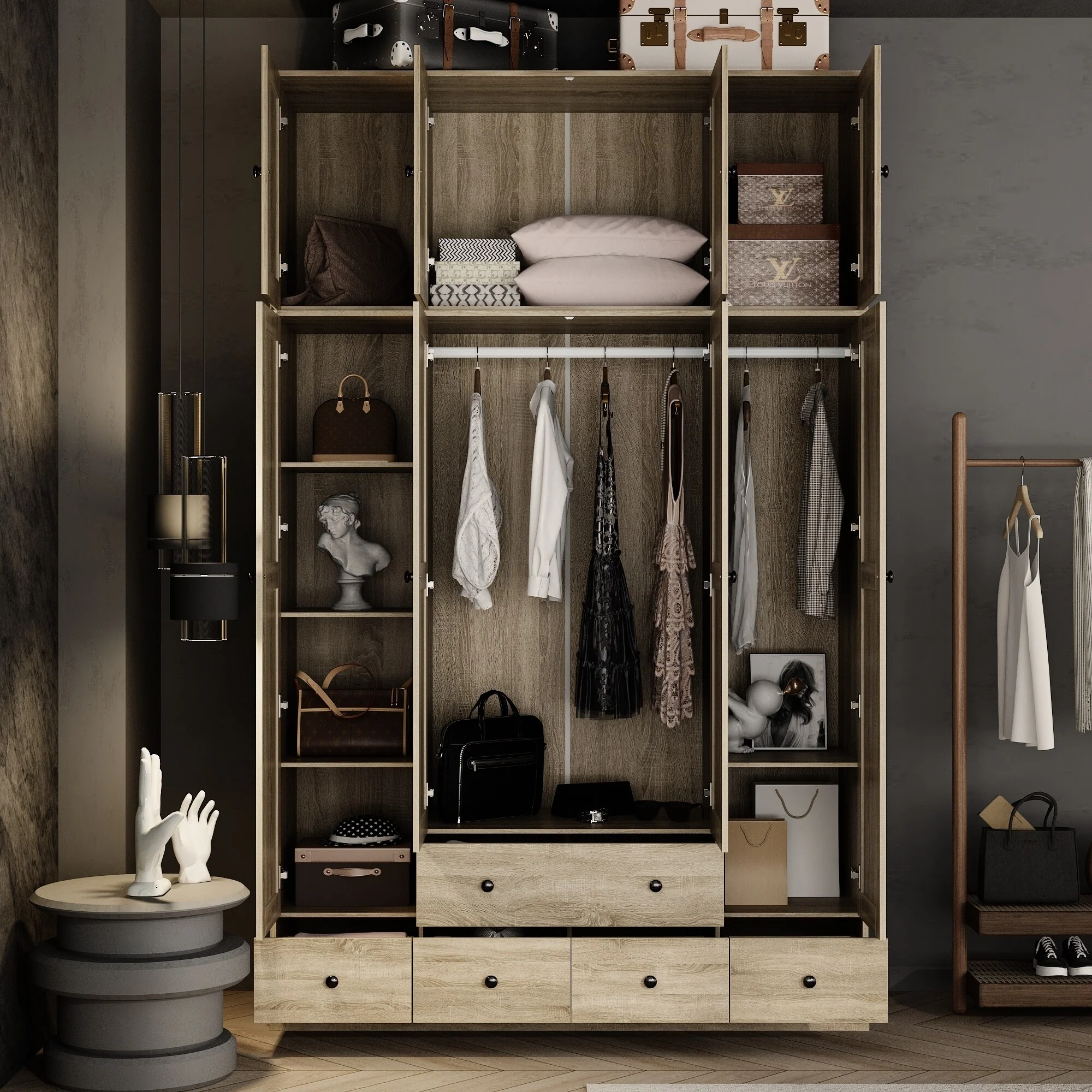 Large Storage Wardrobe Versatile Rattan Door Closet with Deep Drawers