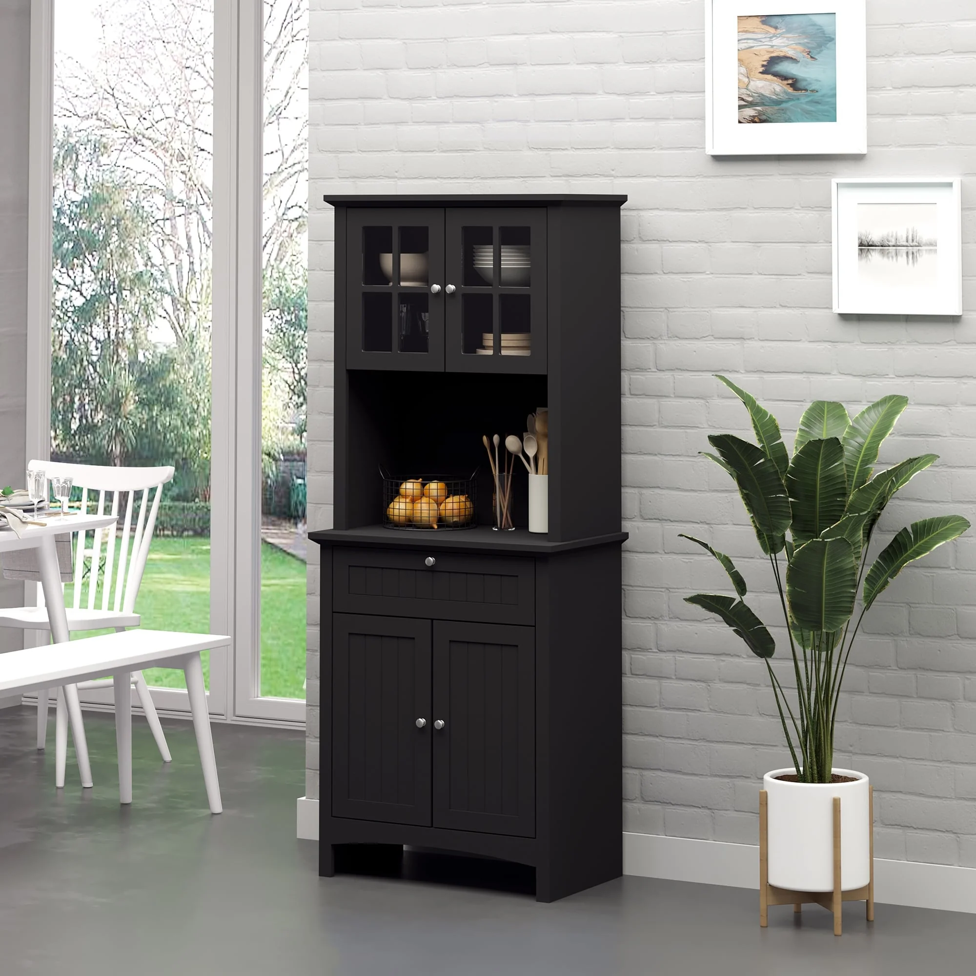 HOMCOM Kitchen Buffet Hutch Wooden Storage Cupboard with Framed Glass Door, Drawer and Microwave Space - 27