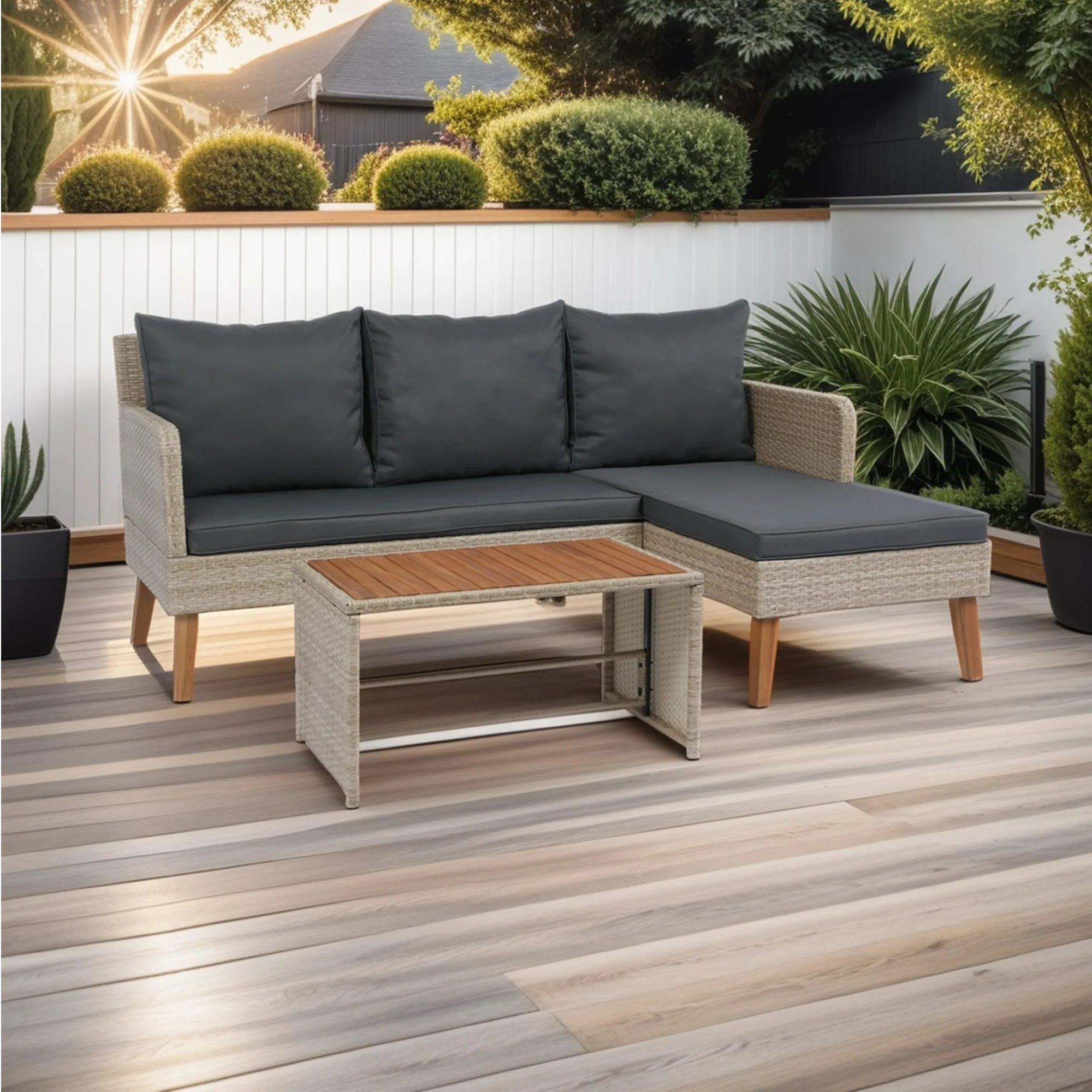 3-Piece Patio Set with Wicker Sofa and Wood Table
