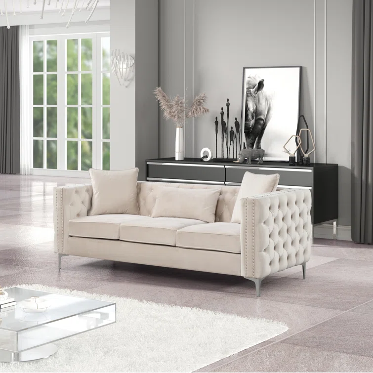 Marvine 86" Velvet Square Arm Chesterfield Sofa