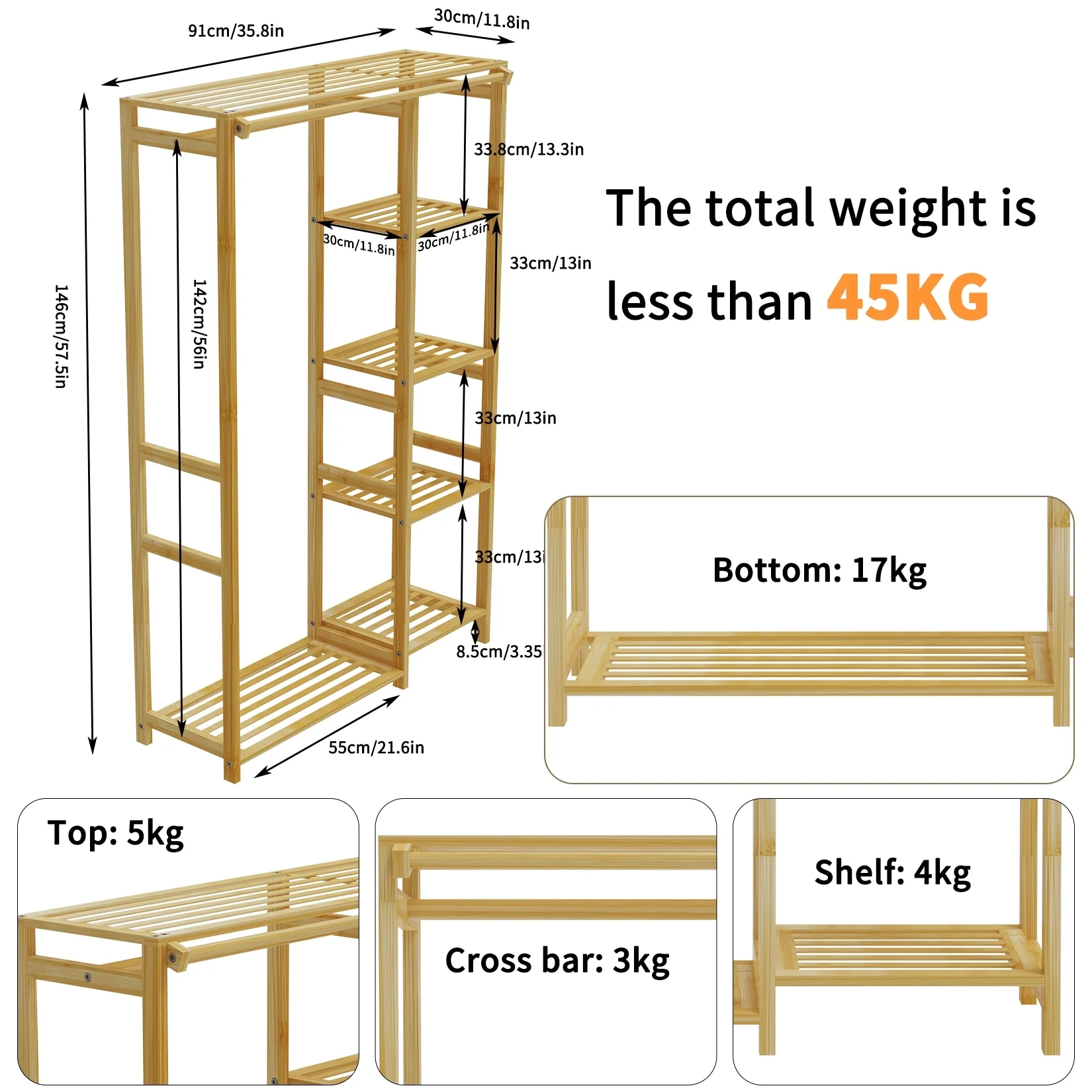 Bamboo Clothes Rack Garment Storage Shelf with Shelves Hanging Cover