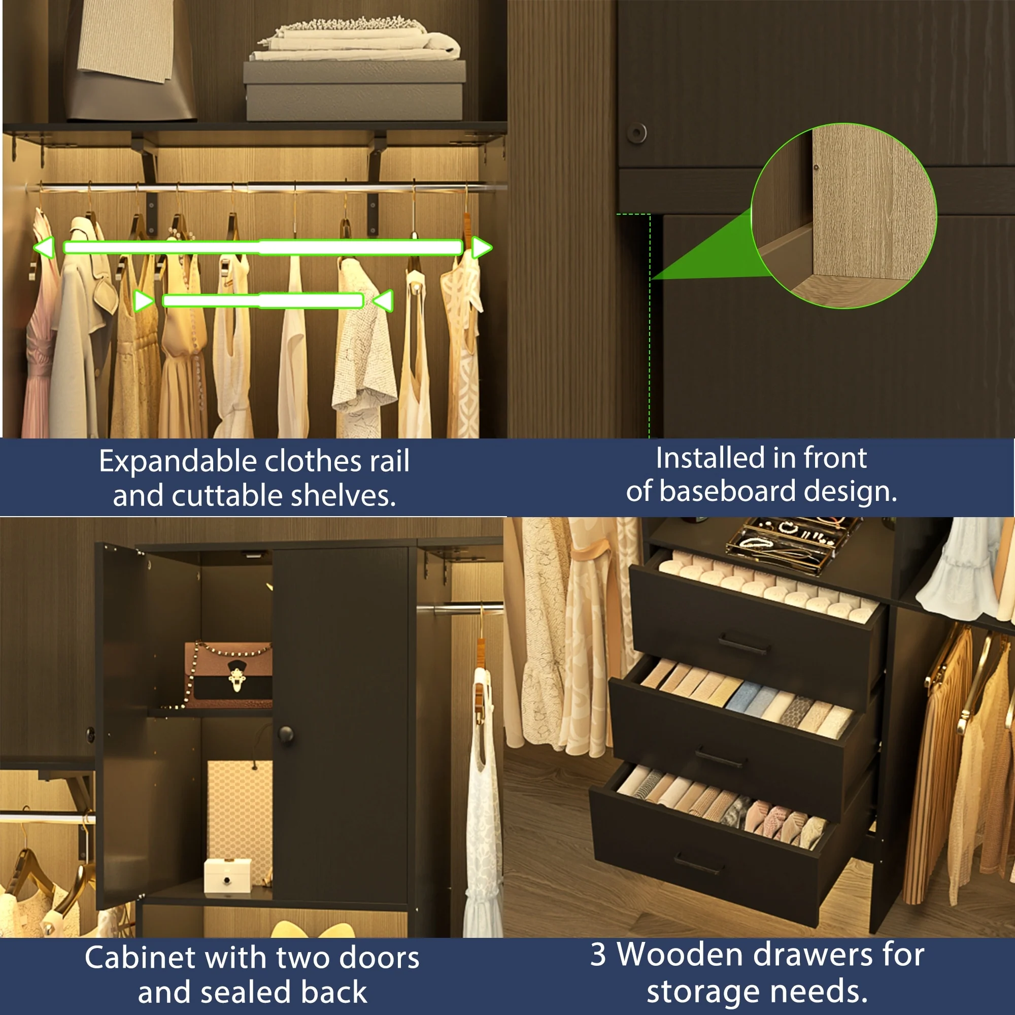 20''-96'' Wide Wooden Closet Organizer With Doors, Adjustable Closet System with Drawers and Hanging Rods
