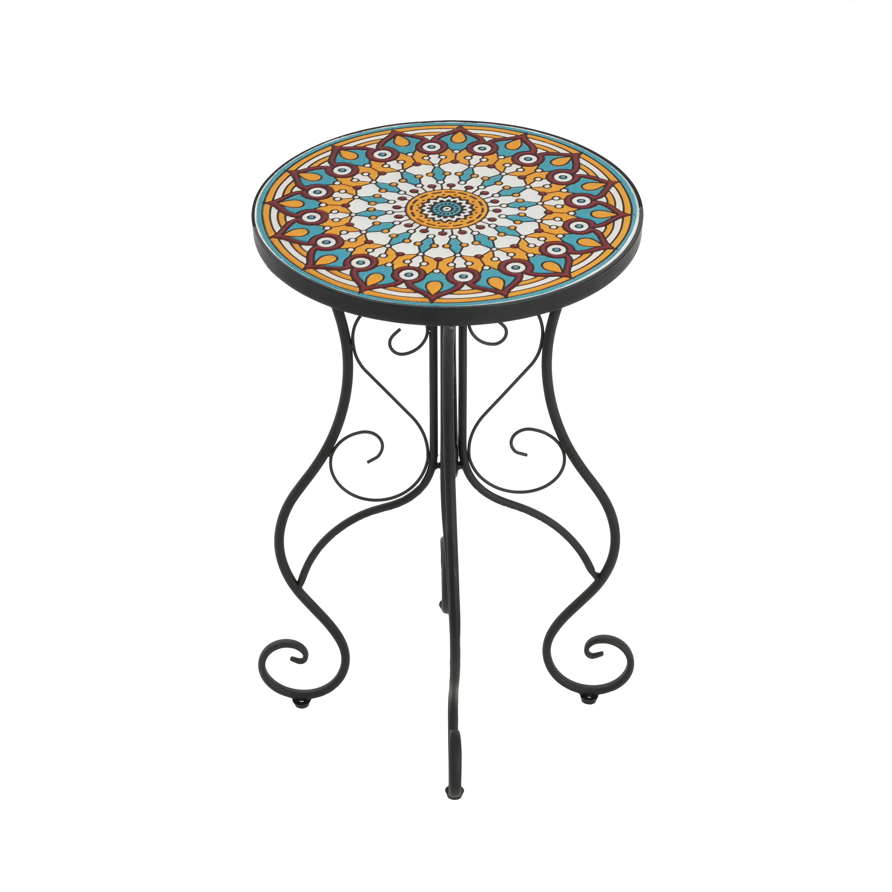 Unending Outdoor Ceramic Tile Side Table with Medallion Design