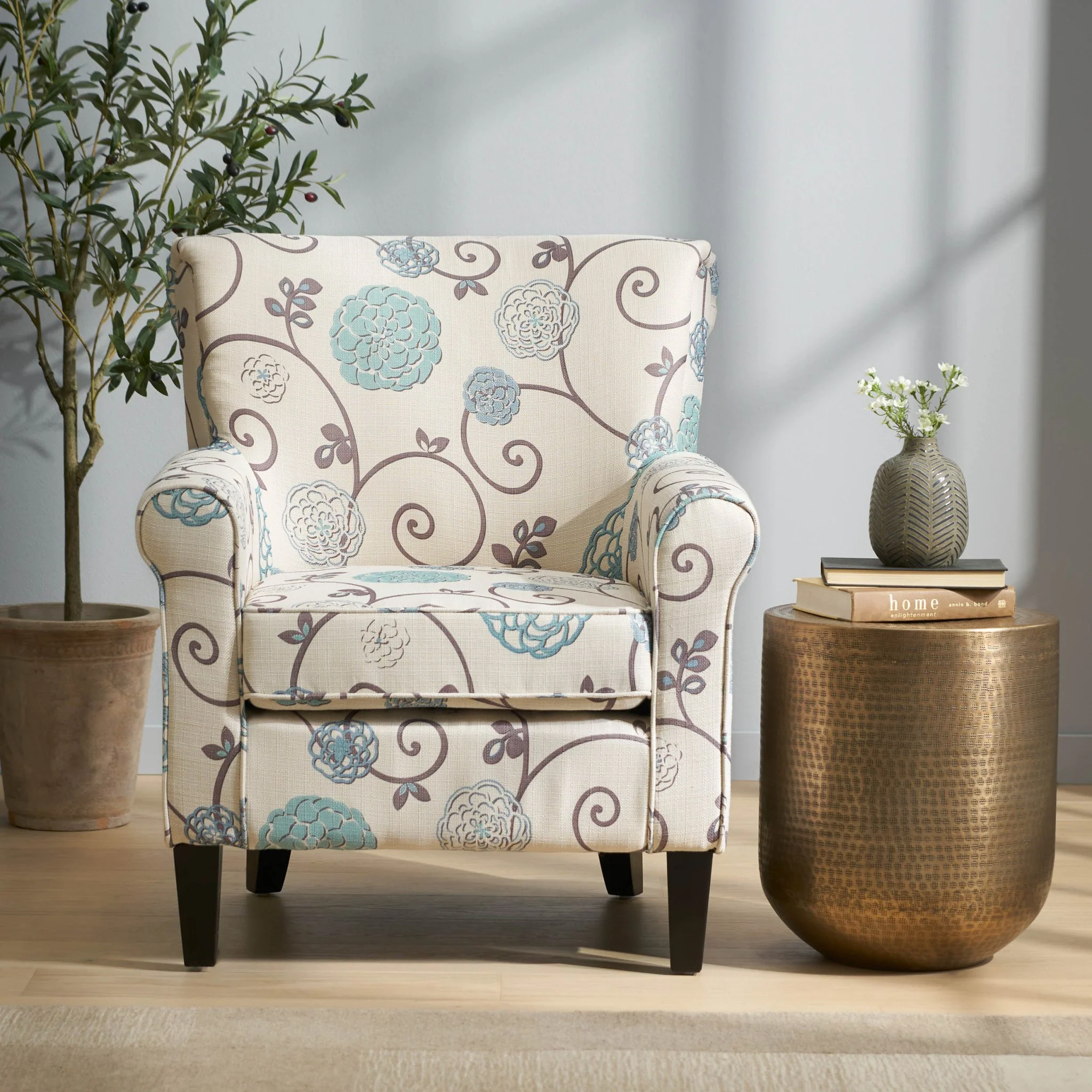 Upholstered Chair with Floral Pattern Design and Solid Wood Legs