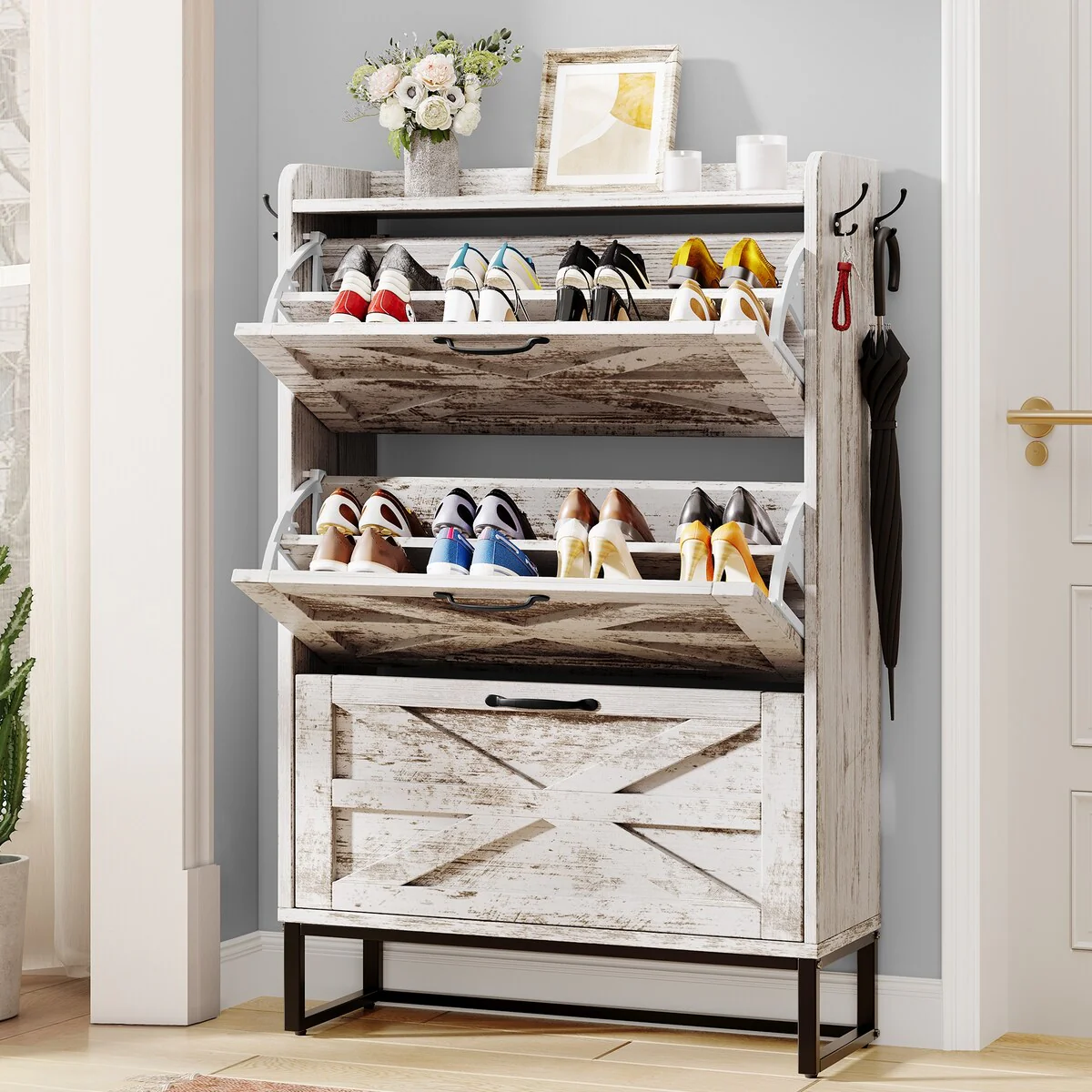 Moasis Farmhouse Flip Shoe Cabinet Shoe Storage Cabinet with 3 Flip Doors Adjustable Shelf - 31.4
