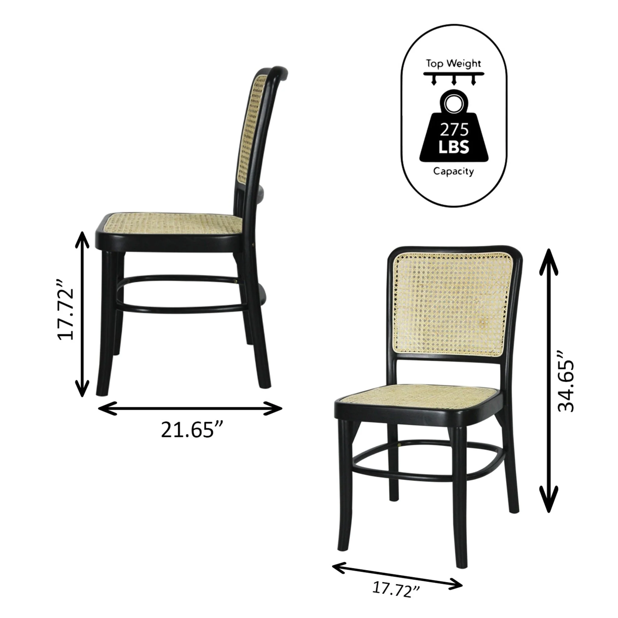 Colmar Mid-Century Vintage Wood Rattan Dining Chair, Black/Natural (Set of 2)