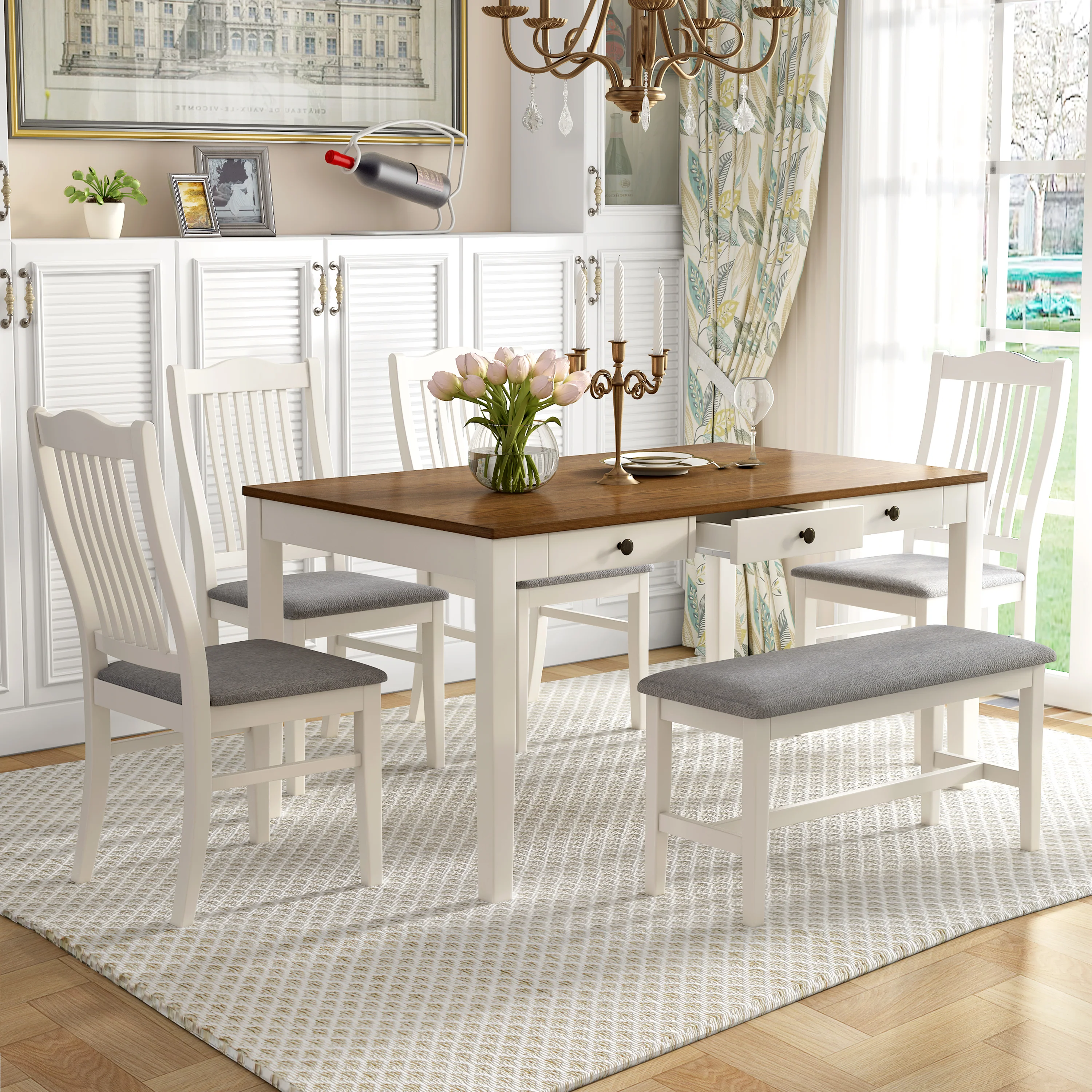 Mason 6 Piece Dining Table Set with Drawer, Upholstered Bench and Chairs, Butter Milk