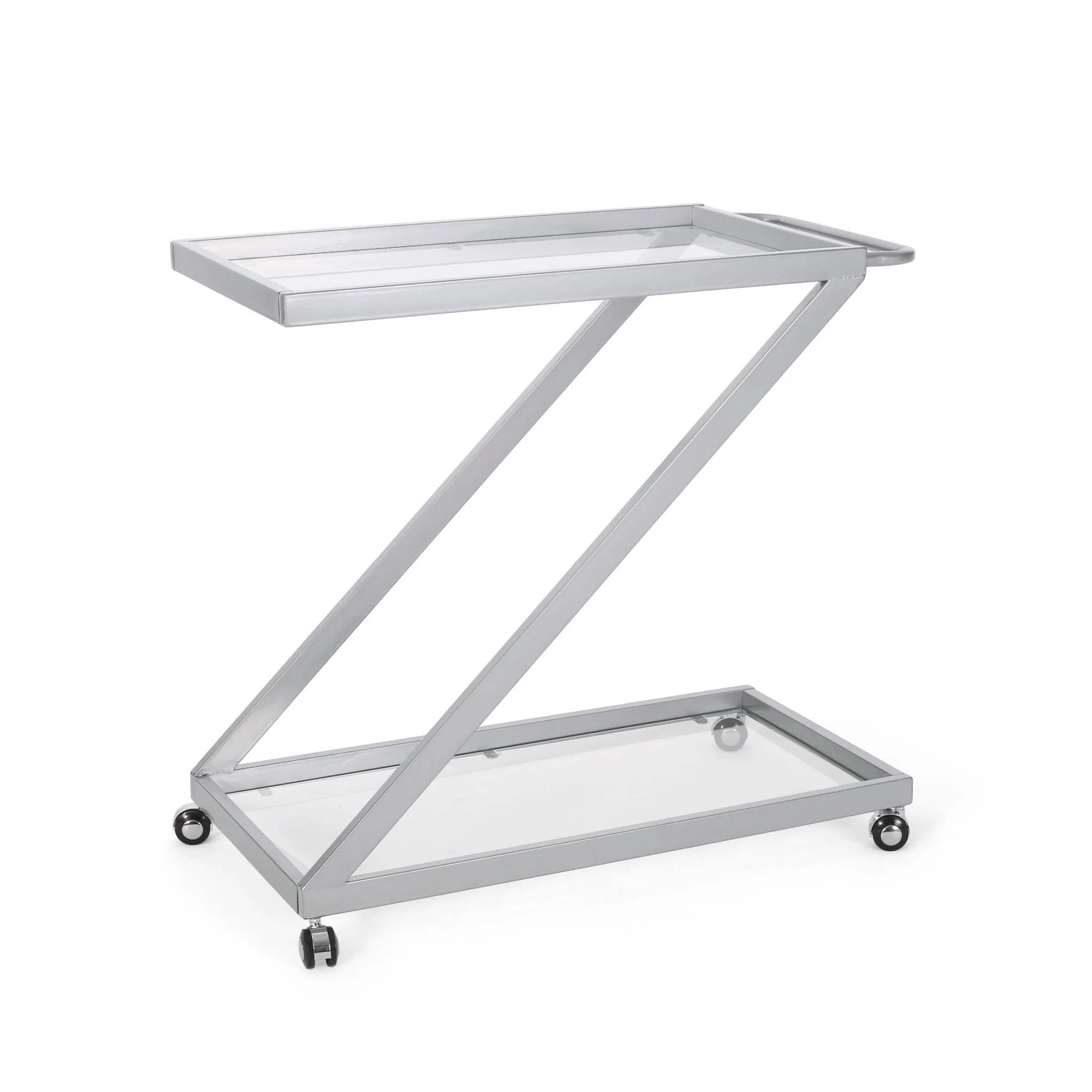 Z-Shape Bar Cart with 2 Glass Shelves and Rolling Casters