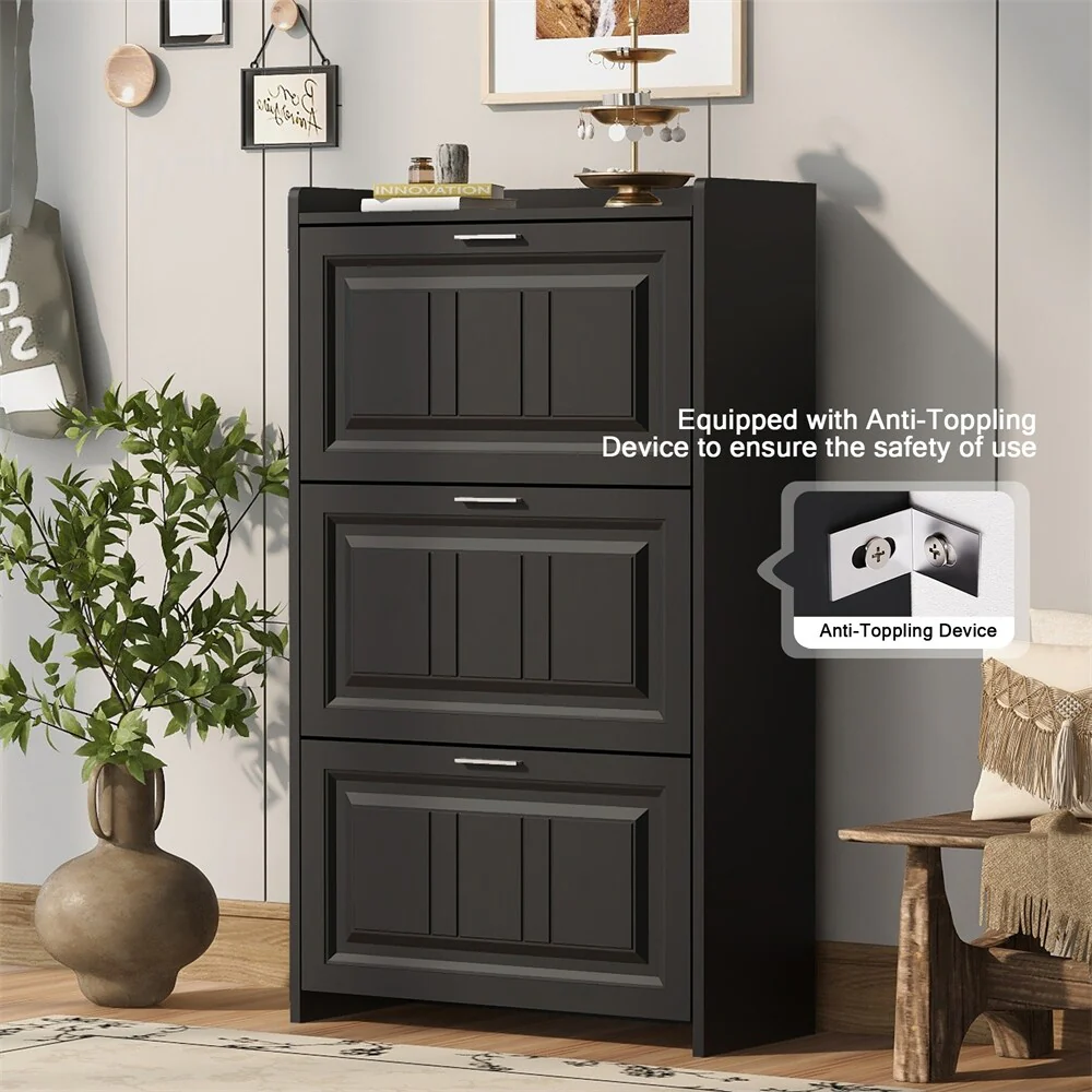 Free Standing Wood Shoe Storage Cabinet with 3 Flip Drawers