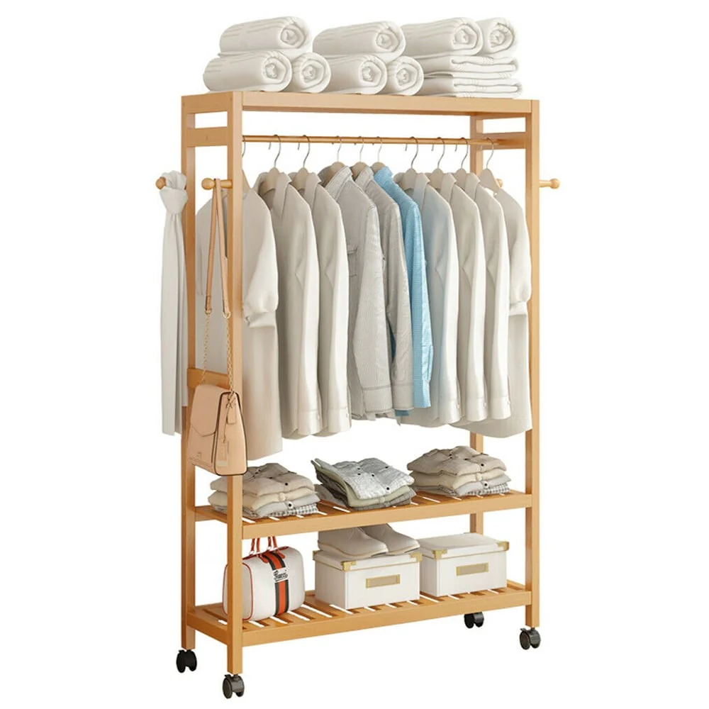 Clothes Rack Bamboo Garment Rolling Rack with Side Hooks