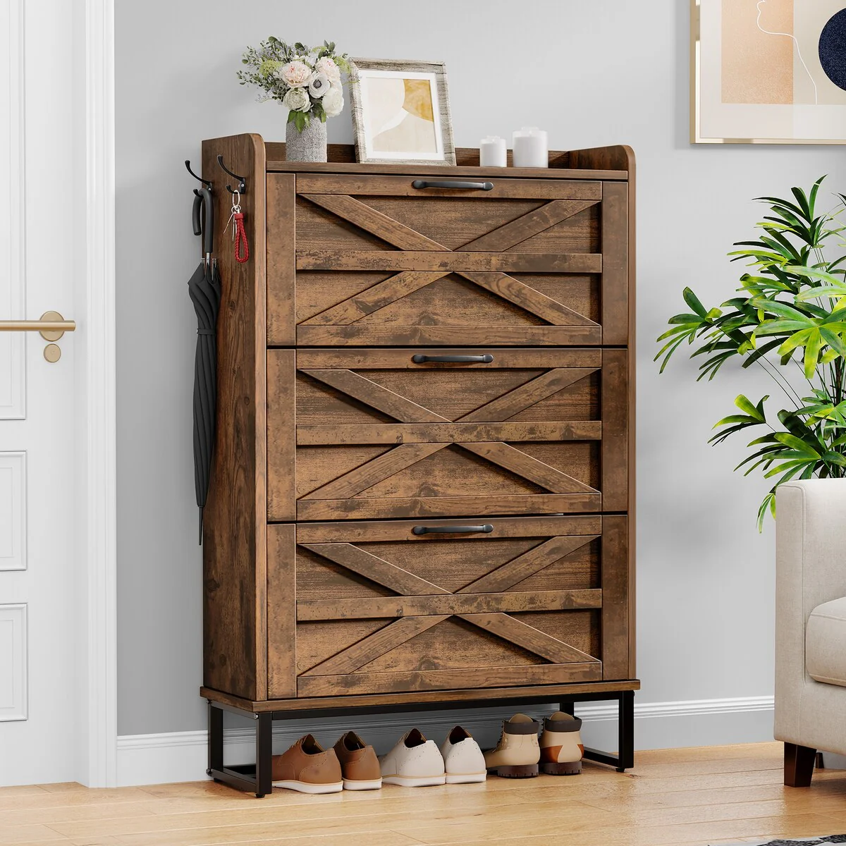 Moasis Farmhouse Flip Shoe Cabinet Shoe Storage Cabinet with 3 Flip Doors Adjustable Shelf - 31.4