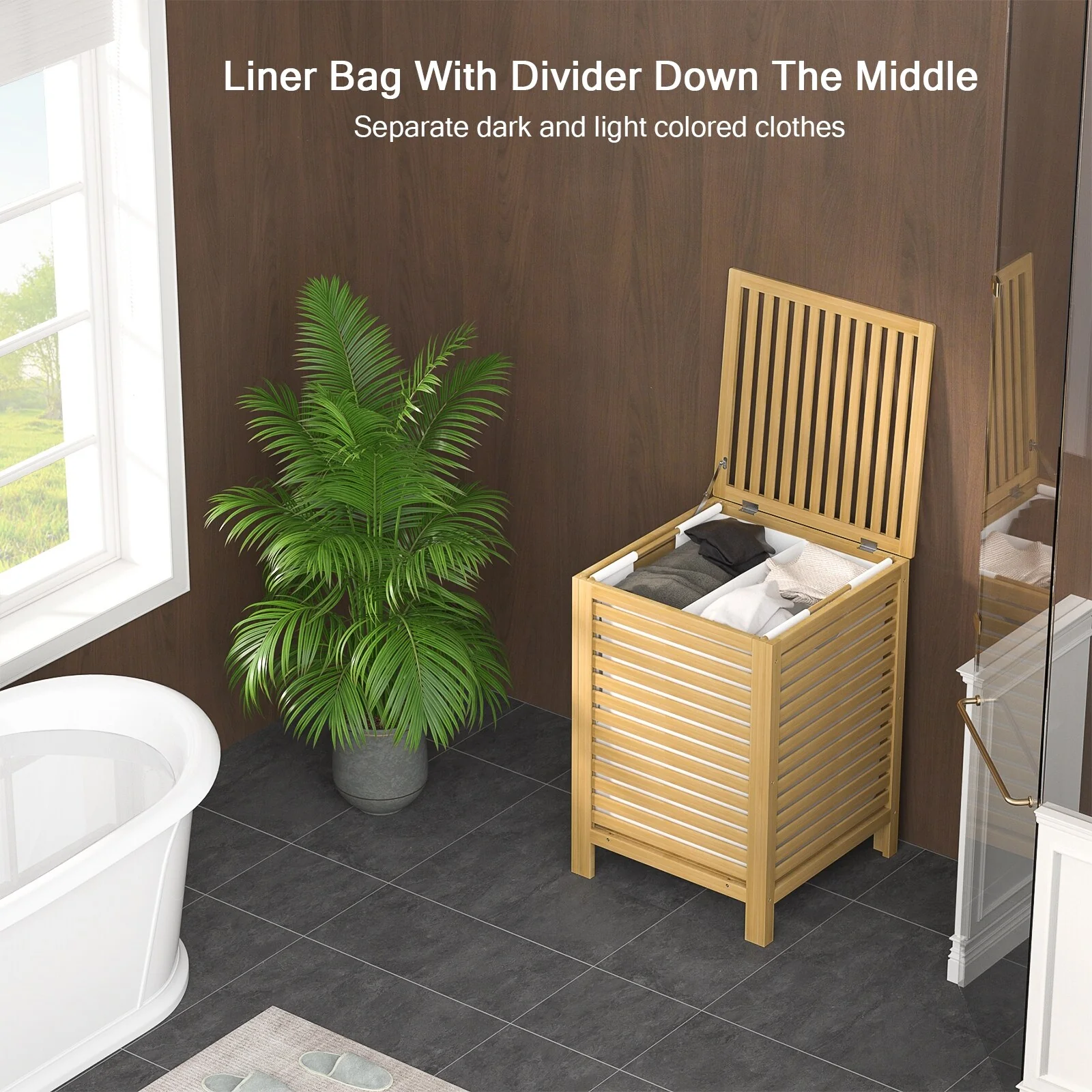 Bamboo 2-Section Laundry Hamper, 120L Large Laundry Basket with Lid and Removable Liner Bag
