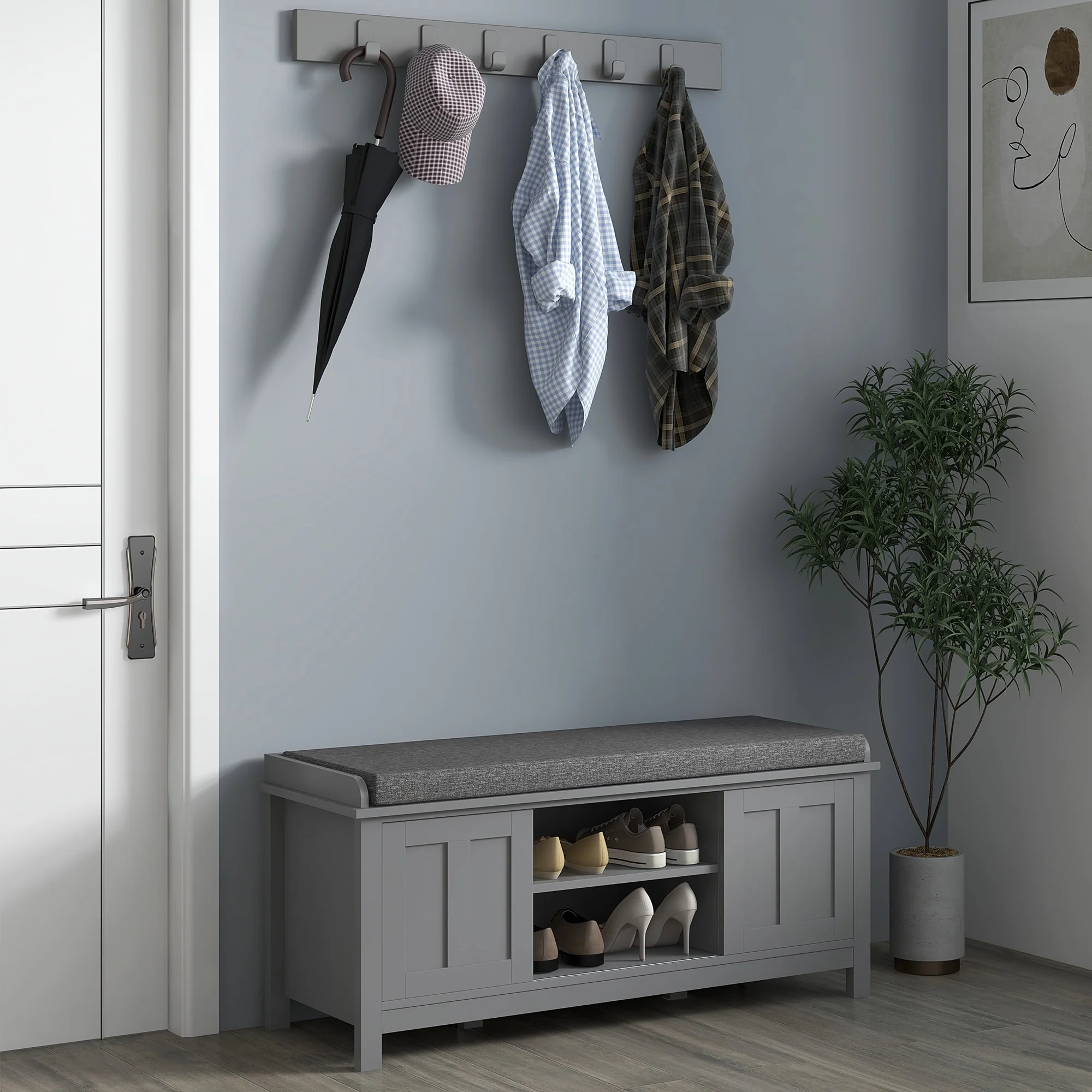 HOMCOM Entryway Shoe Bench Storage Ottoman with Adjustable Shelving, 6 Compartments, and Padded Seat, White/Grey