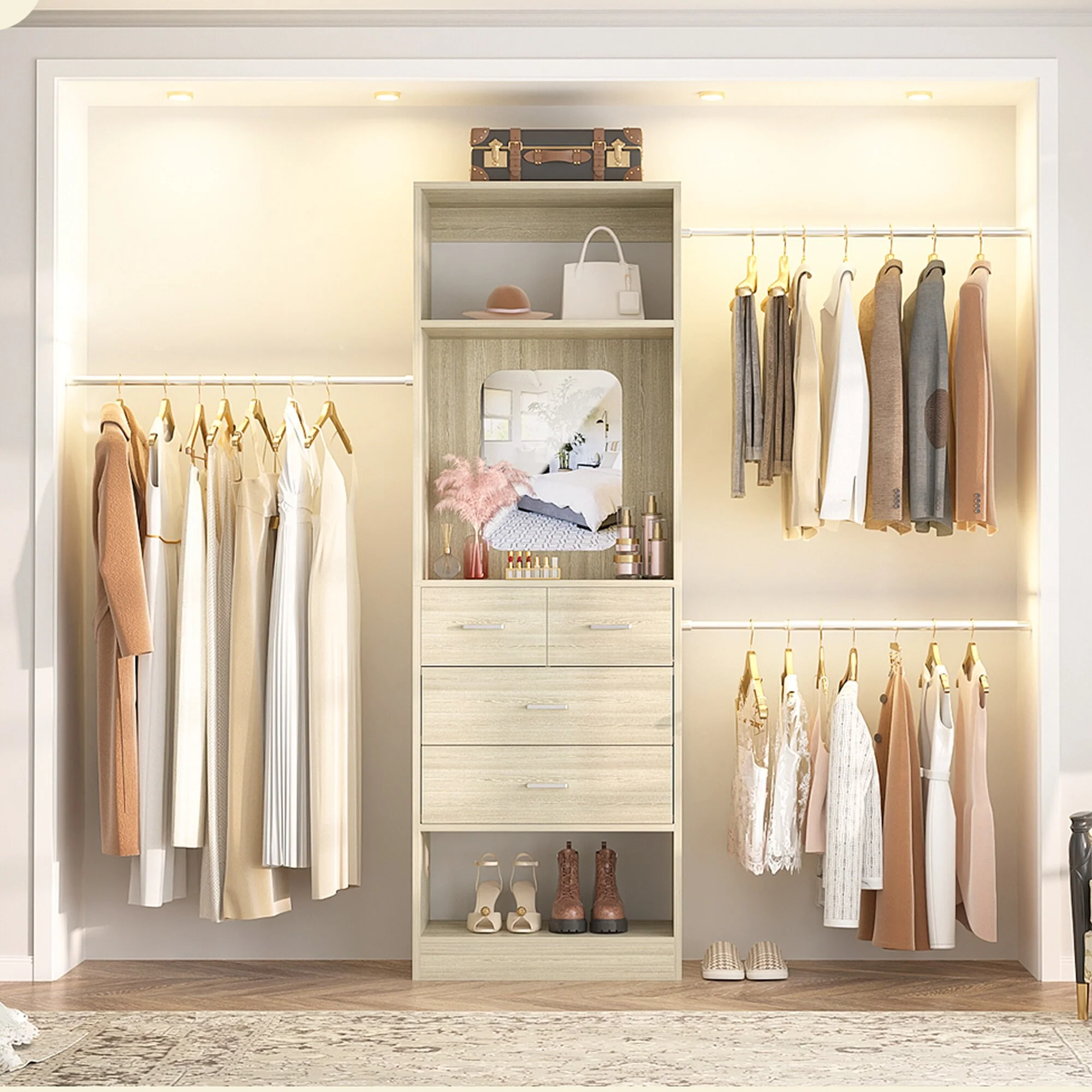 96'' W Closet System with Mirror, 8FT Walk-in Closet Organizer Kits with 4 Wooden Drawers ＆ 3 Extendable Hanging Rods