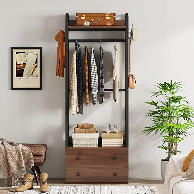 Freestanding Closet Organizer Small Clothes Rack Coat Rack with Drawers and Shelves