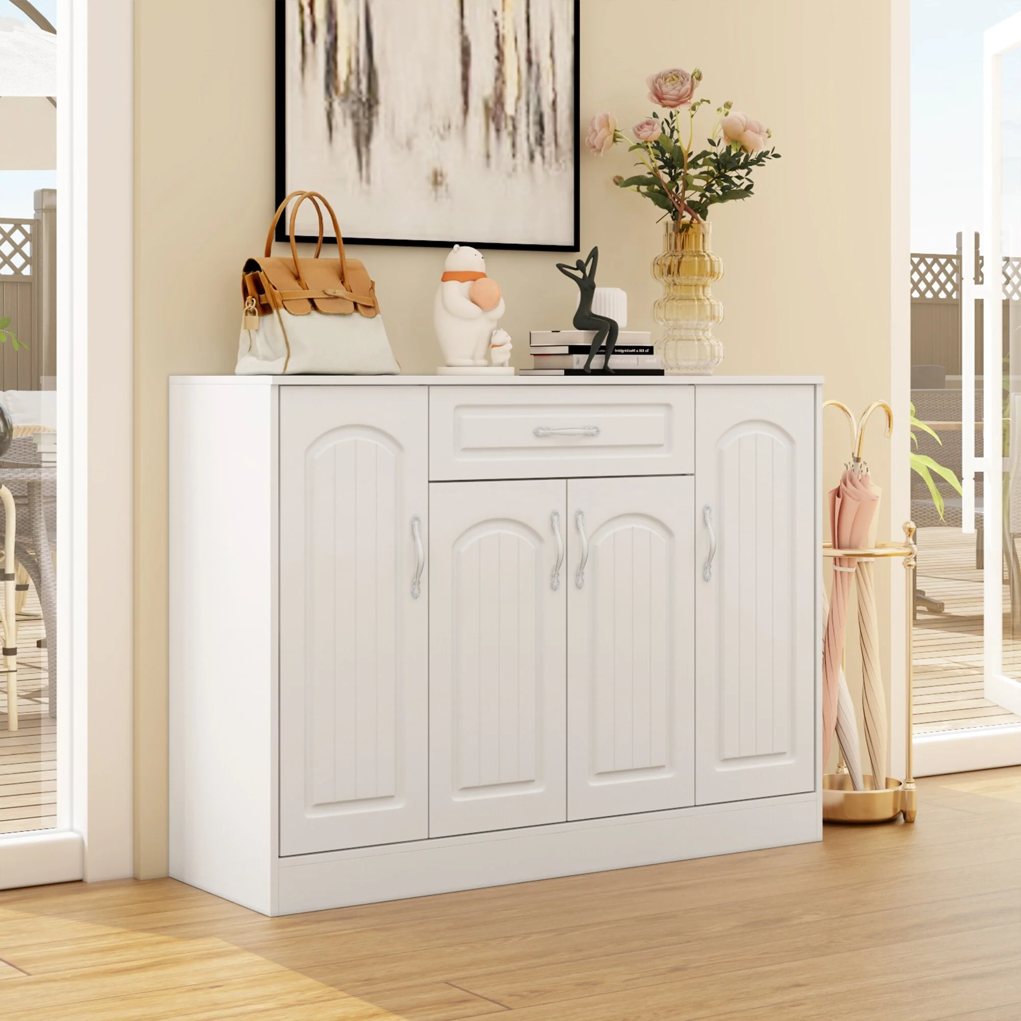 Multi-Functional White Shoe Cabinet with Adjustable Shelves Entryway
