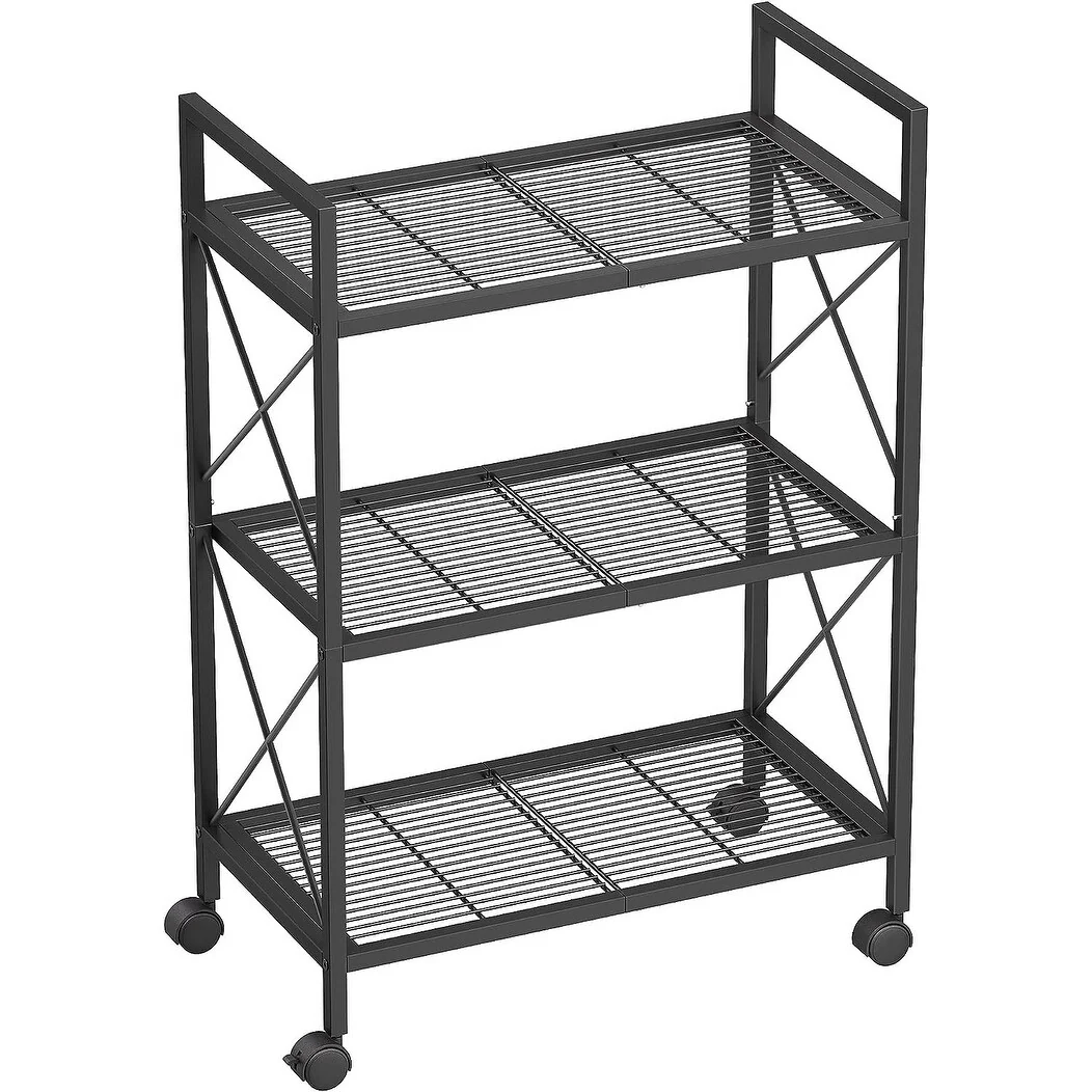 SONGMICS 3-Tier Metal Storage Rack with Wheels, Mesh Shelving Unit with X Side Frames, 23.6-Inch Width