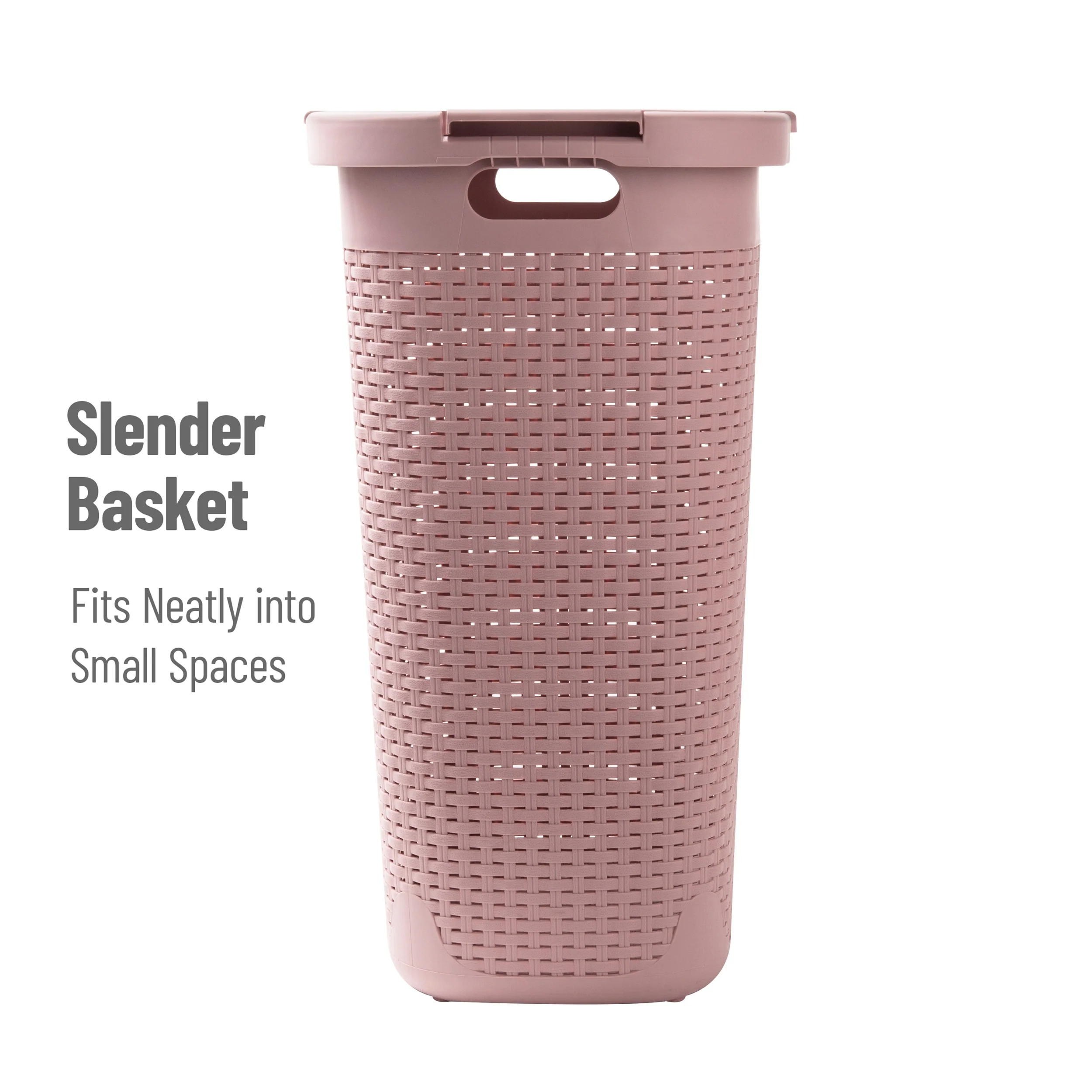 Mind Reader 60L Slim Laundry Hamper, Clothes Basket, Lid, Wicker Design, Plastic, 17.65