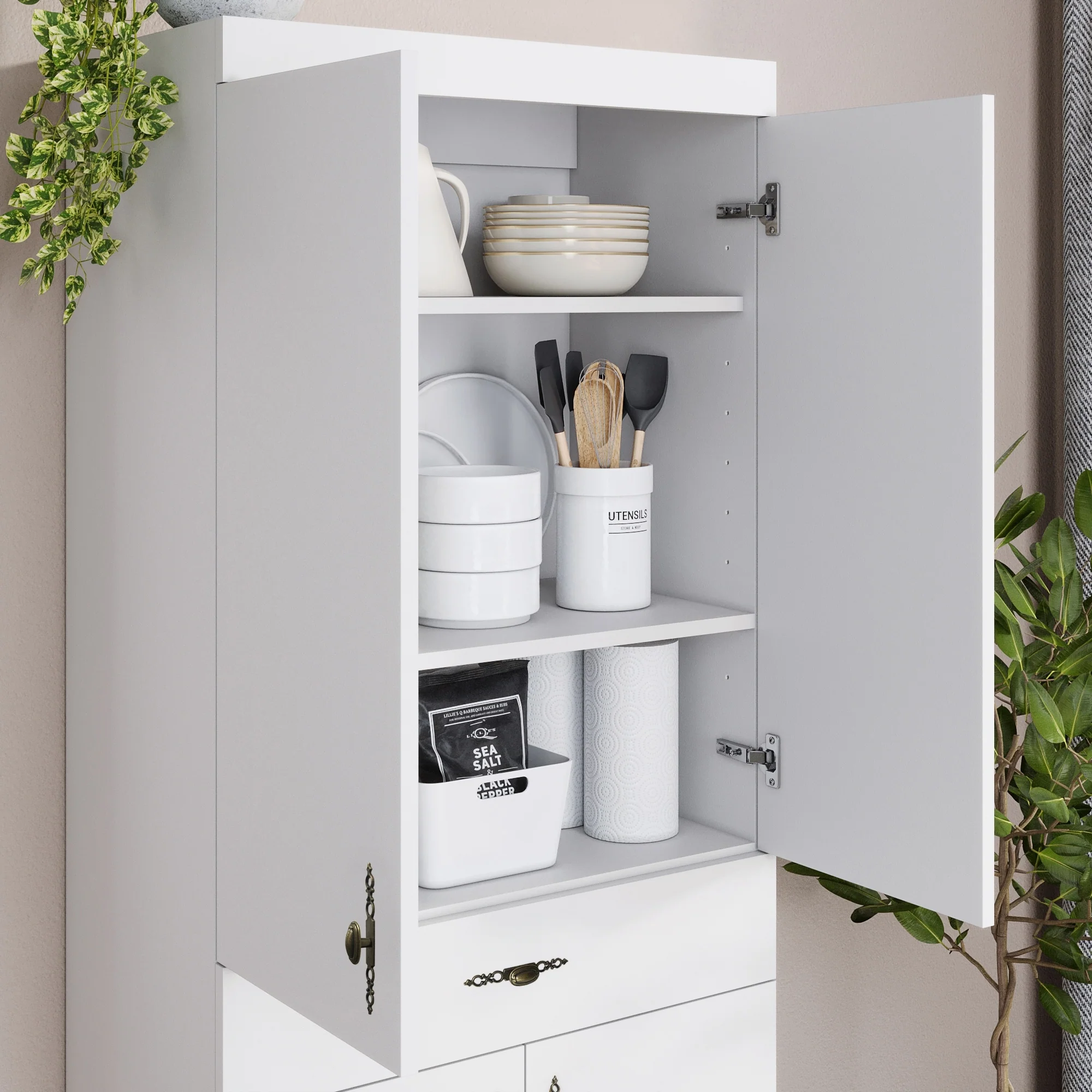 Living Skog Monti Food Pantry Storage Kitchen Cabinet with Adjustable Shelves and Drawer