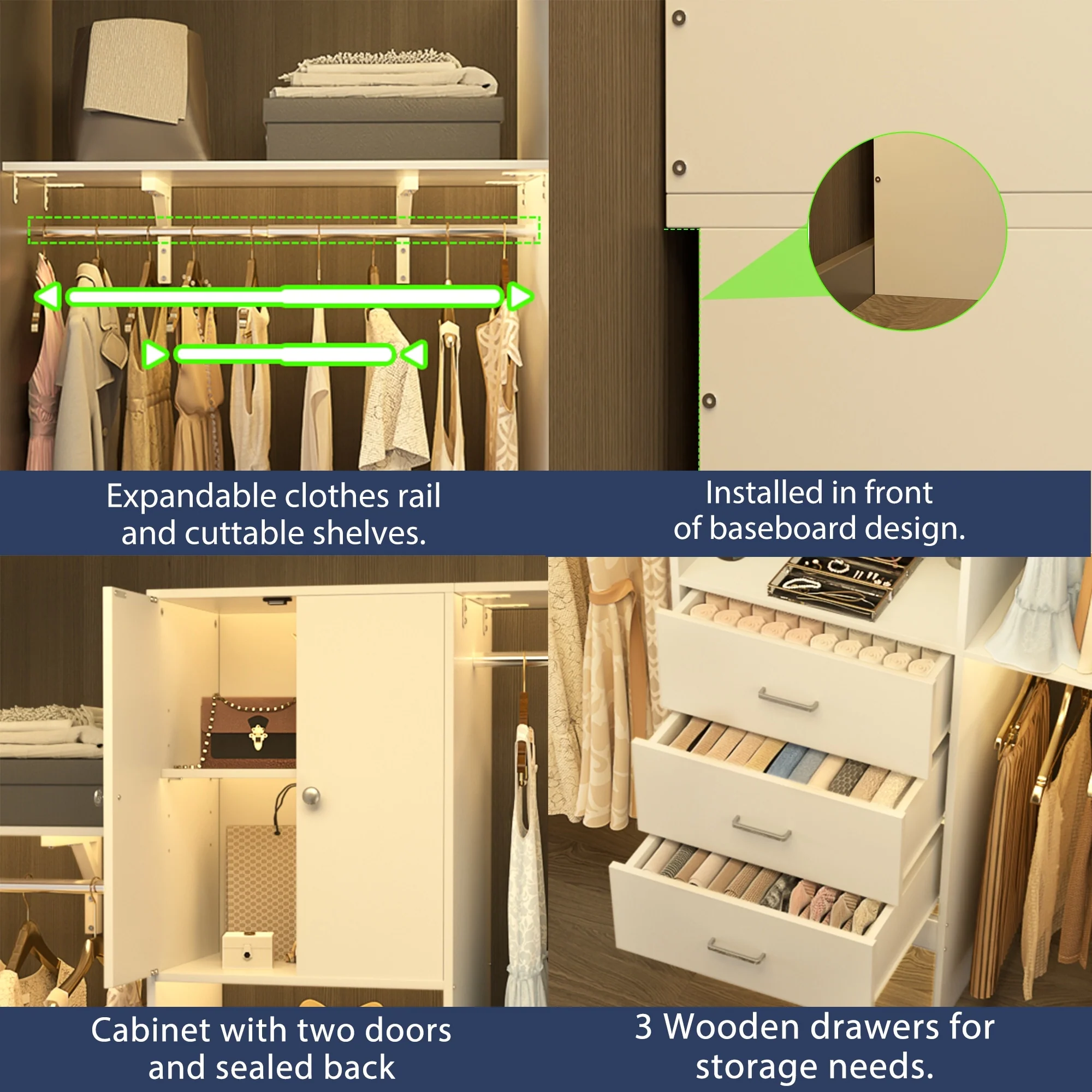 20''-96'' Wide Wooden Closet Organizer With Doors, Adjustable Closet System with Drawers and Hanging Rods