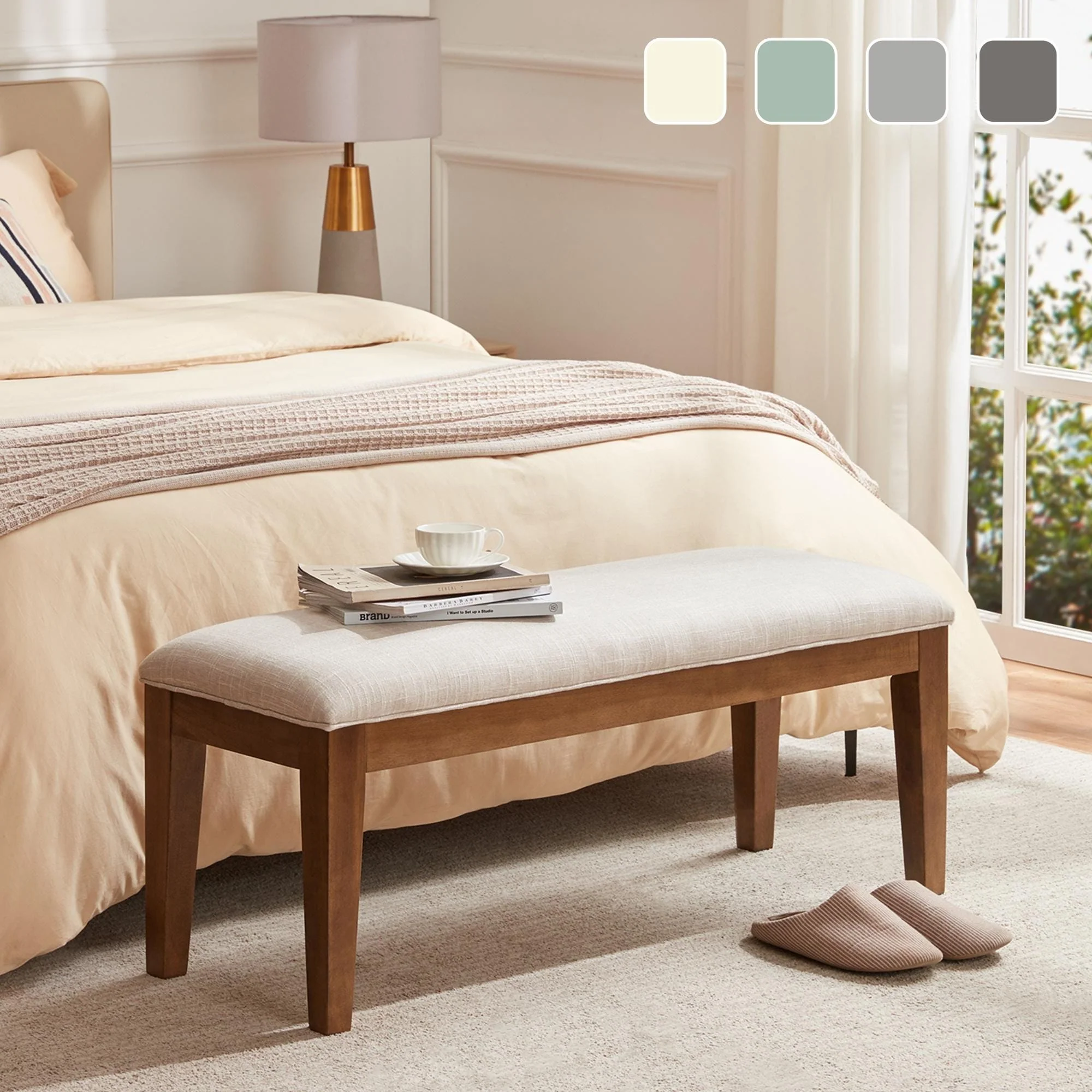 Upholstered Fabric Entryway Bench, Bedroom Bench for End of Bed Beige, Solid Wood 44-inch