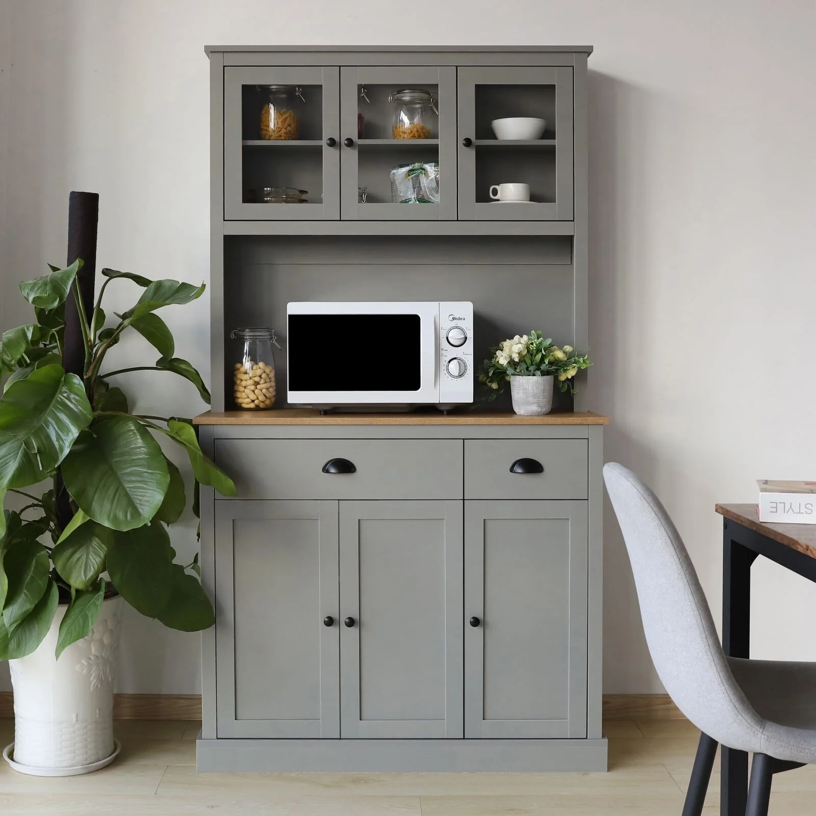 VEIKOUS Pantry Kitchen Cabinet Storage with Microwave Stand and 3 Adjustable Shelves