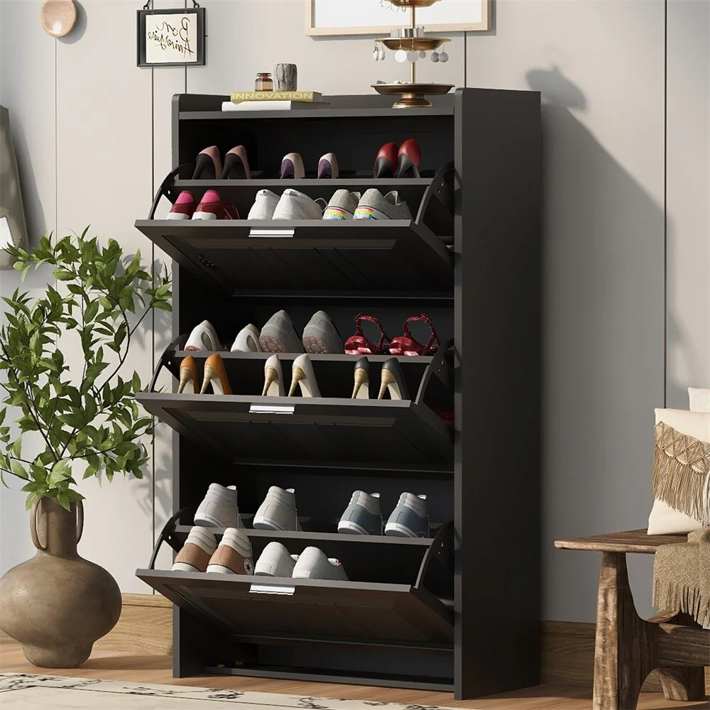 Free Standing Wood Shoe Storage Cabinet with 3 Flip Drawers