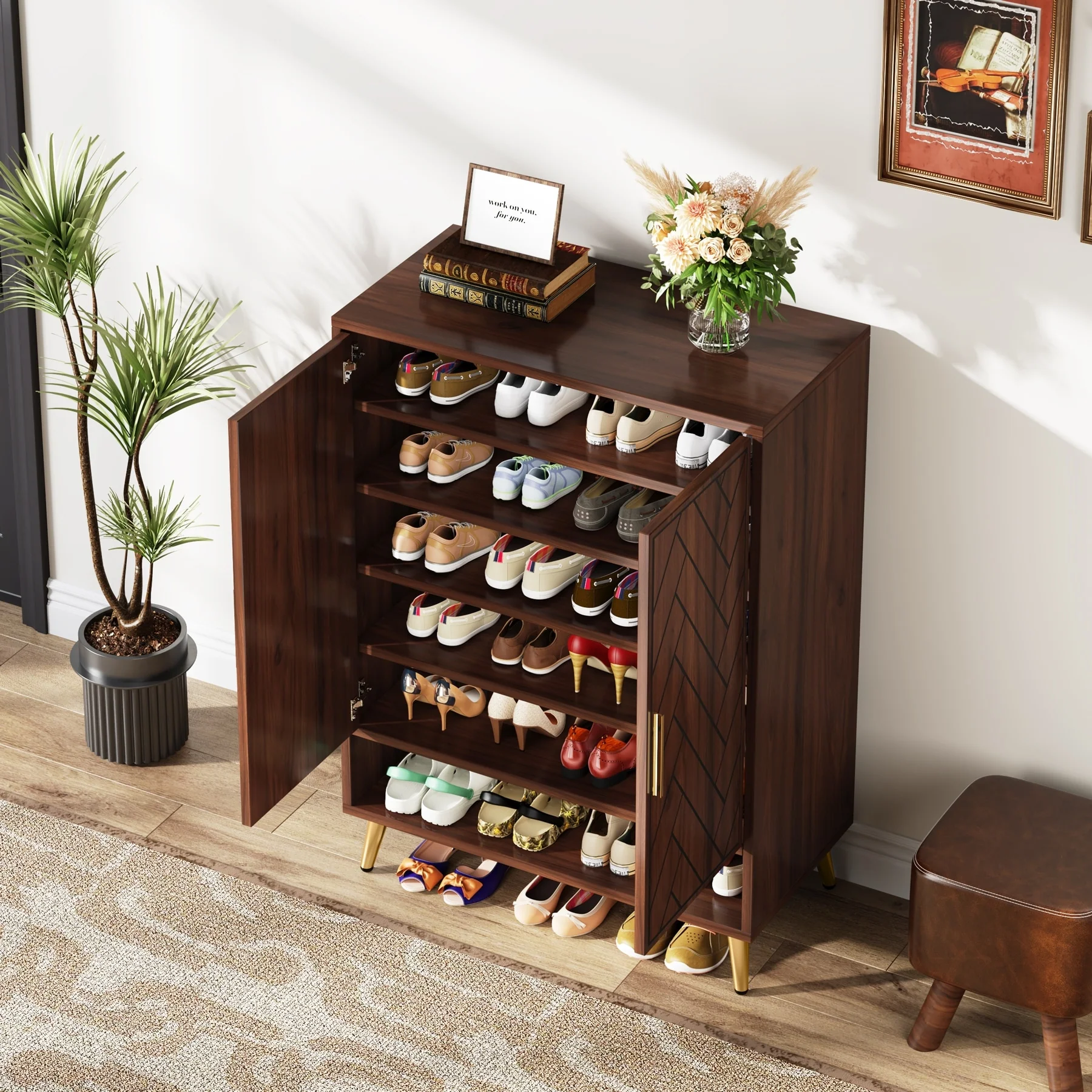 Walnut Shoe Cabinet, 6-Tier Wooden Shoe Organizer with Stable Leg