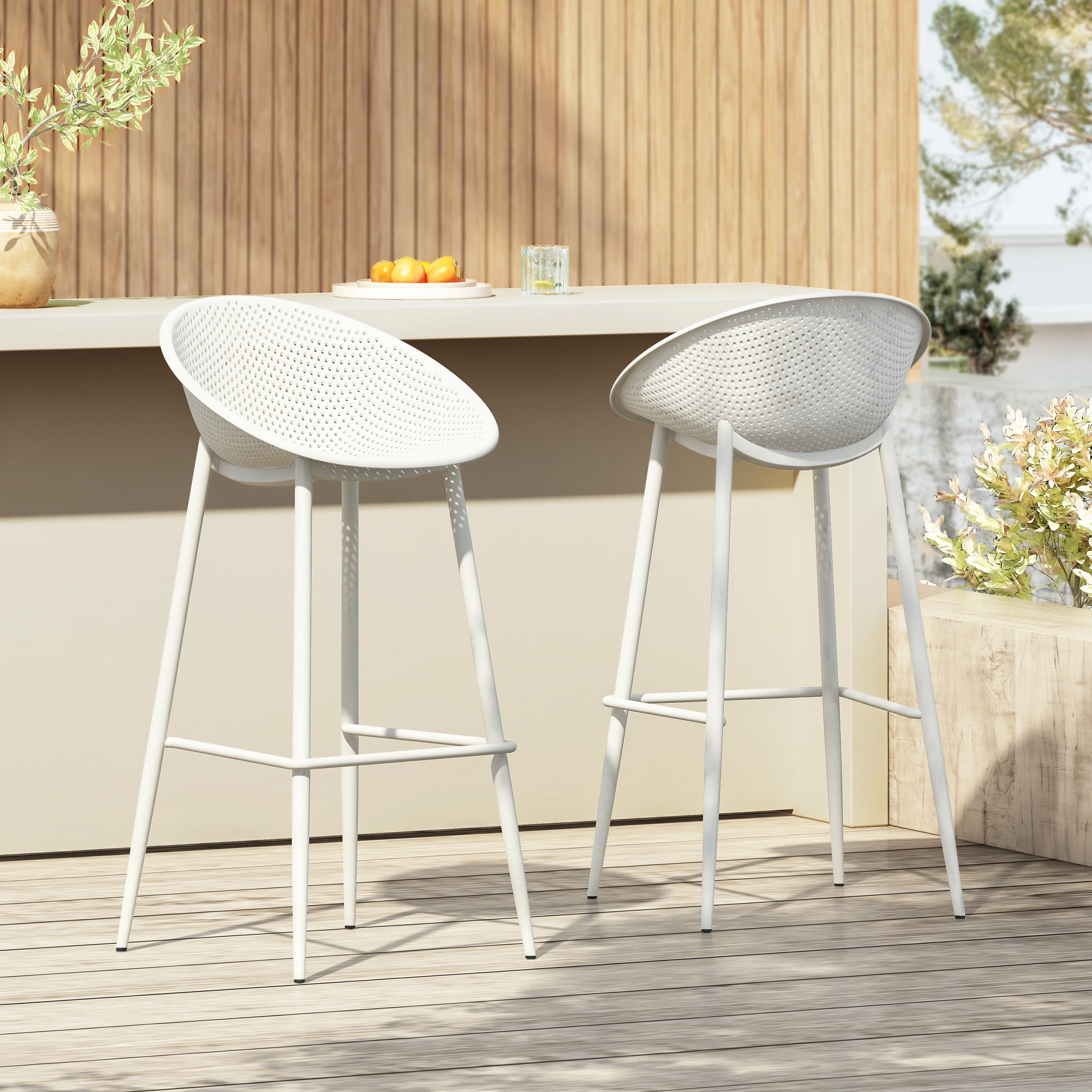 Rhodochrosite Outdoor Bar Stool with Diamond Mesh Pattern and Footrest, Set of 2