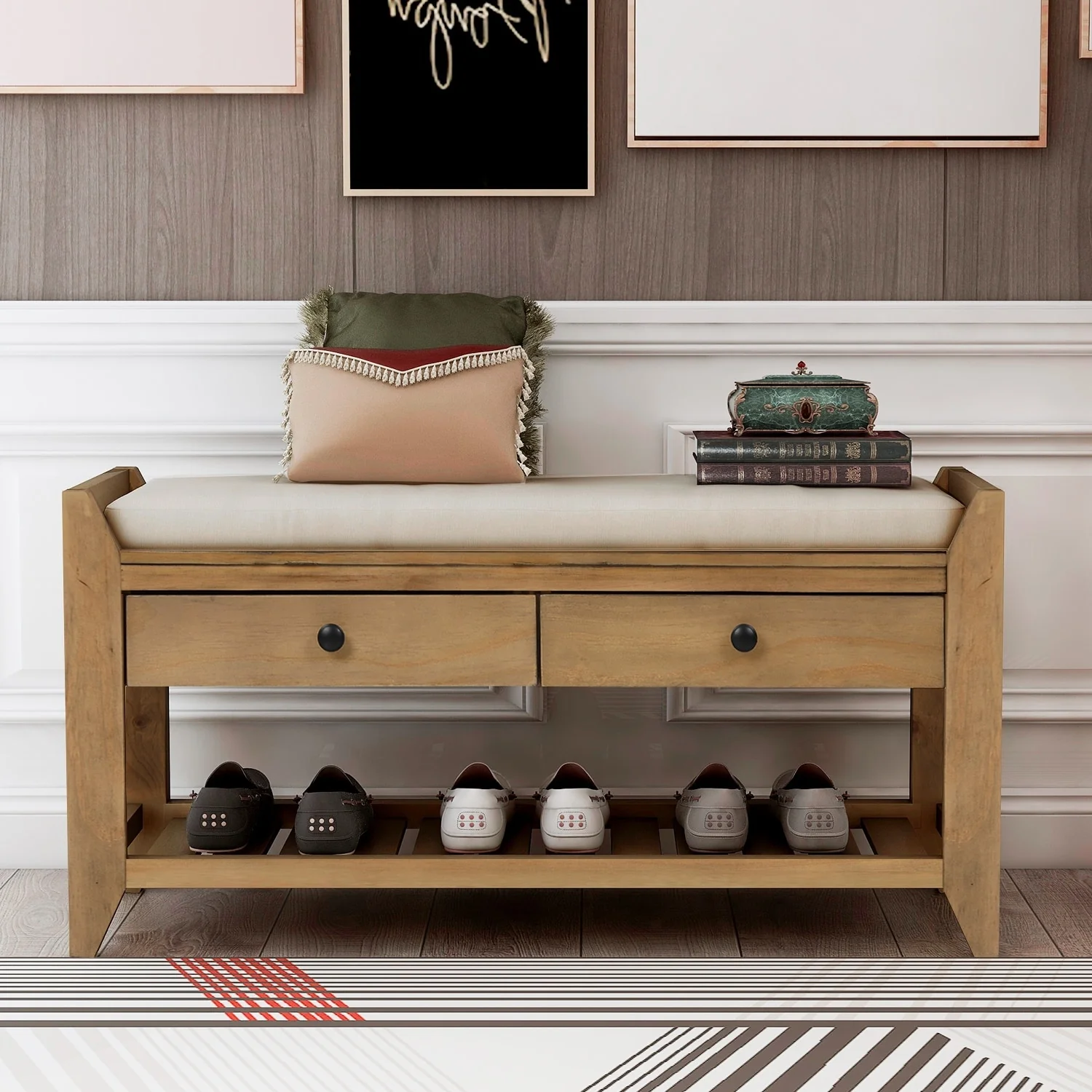 Multi-purpose Shoe Rack with Cushioned Seat and Drawers