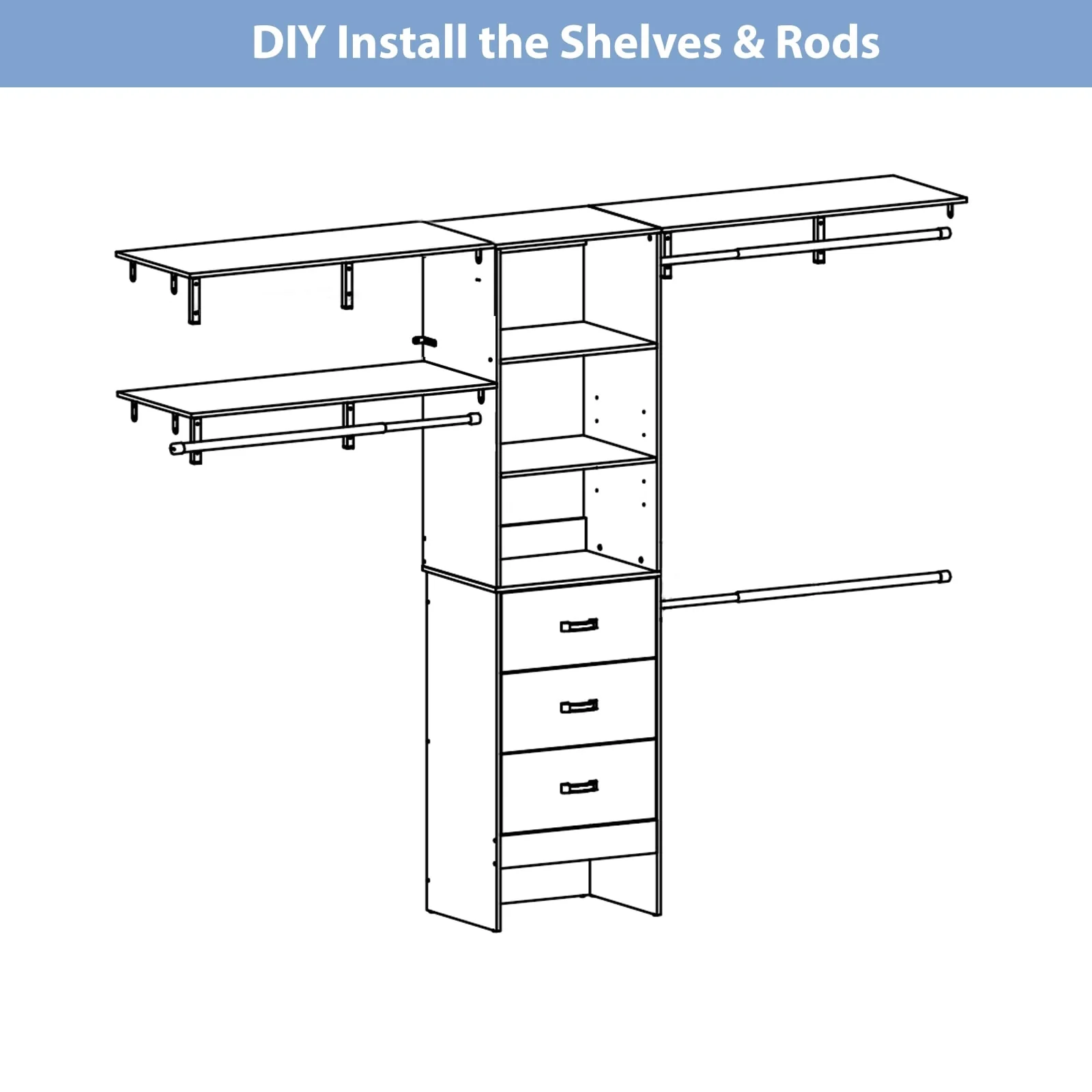 Rackcog 120'' Closet Organizer with Drawers, Closet System with DIY Shelves for Reach-in and Walk-in Closet