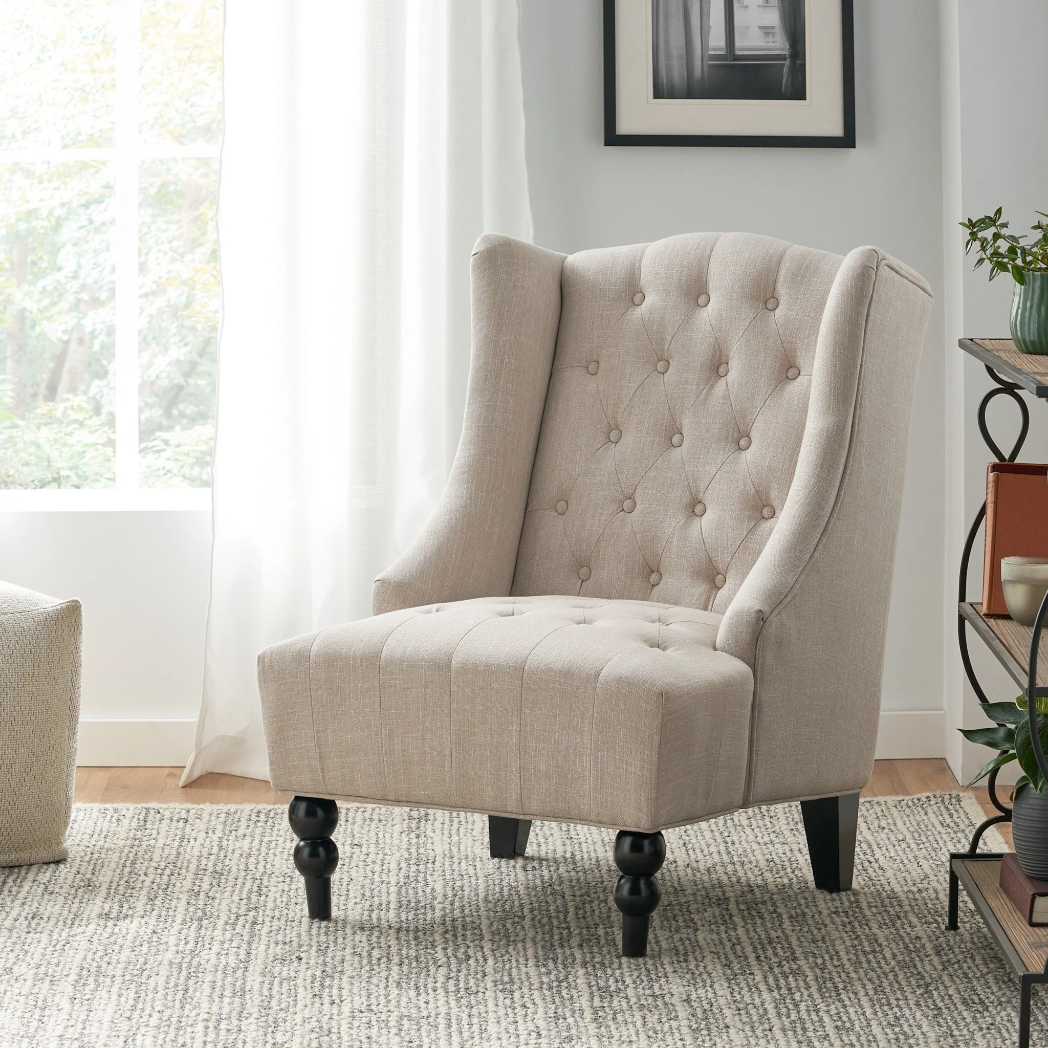 Upholstered Accent Chair with Diamond Tufted Wing Back